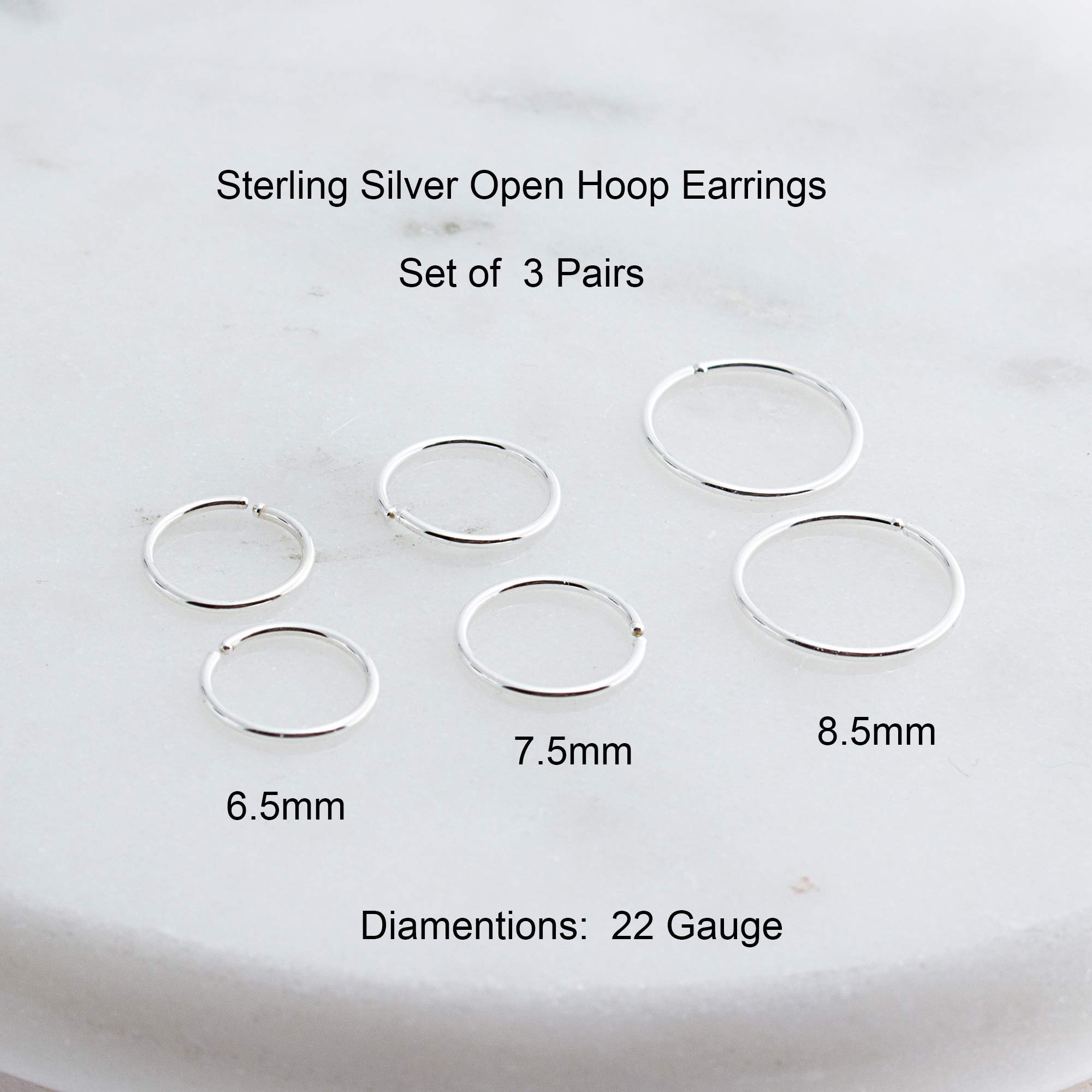 Set of 3 Pairs Sterling Silver Round Ring Inner Diameter Cartilage Hug Hoop Earrings 22 Gauge (6.5-7.5-8.5mm Set of 3 Pairs/ 22 gauge, Sterling Silver 925)