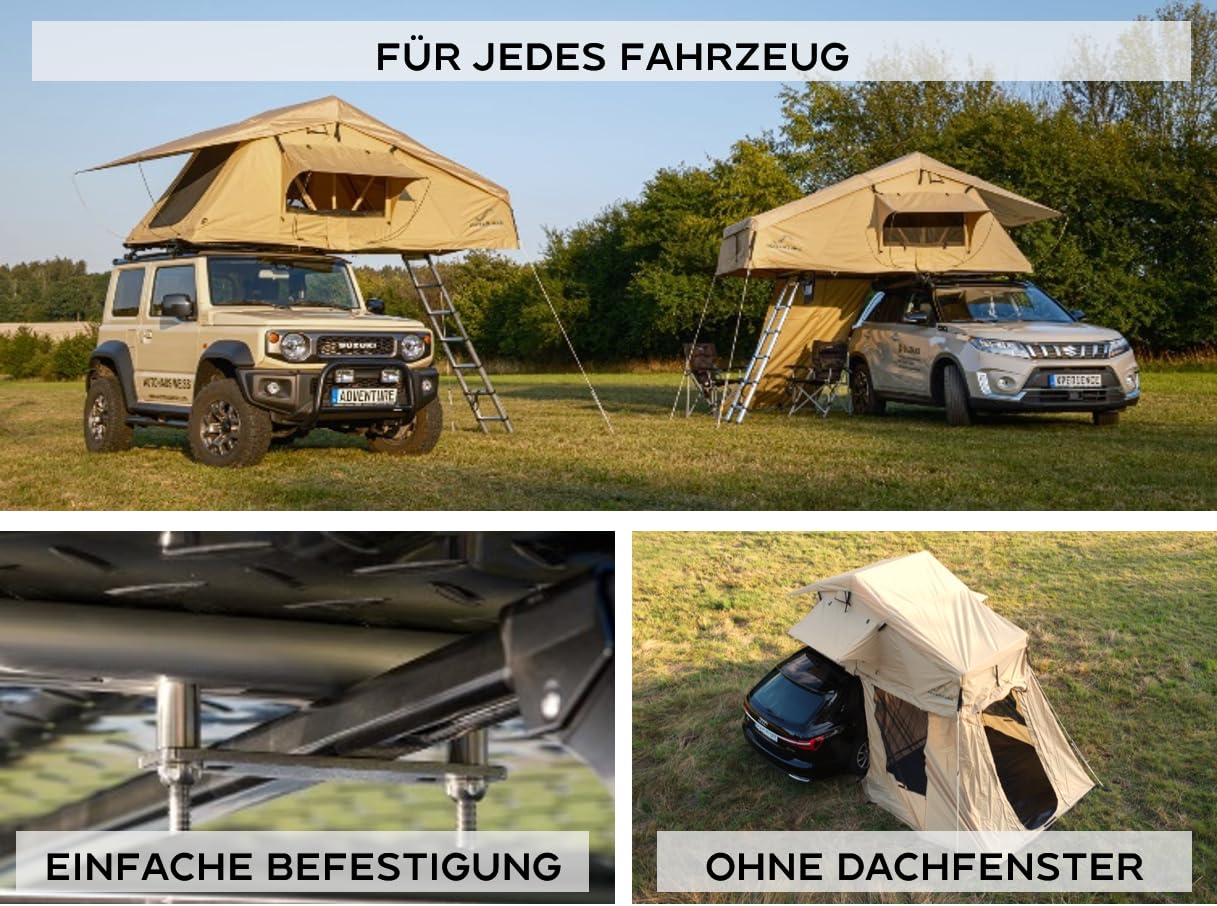 Auto Dachzelt 160x240cm für 3-4 Personen – Überdachter Einstieg, Vorzelt nachrüstbar – inkl. Komfort-Matratze – Regenfest 5000mm Wassersäule