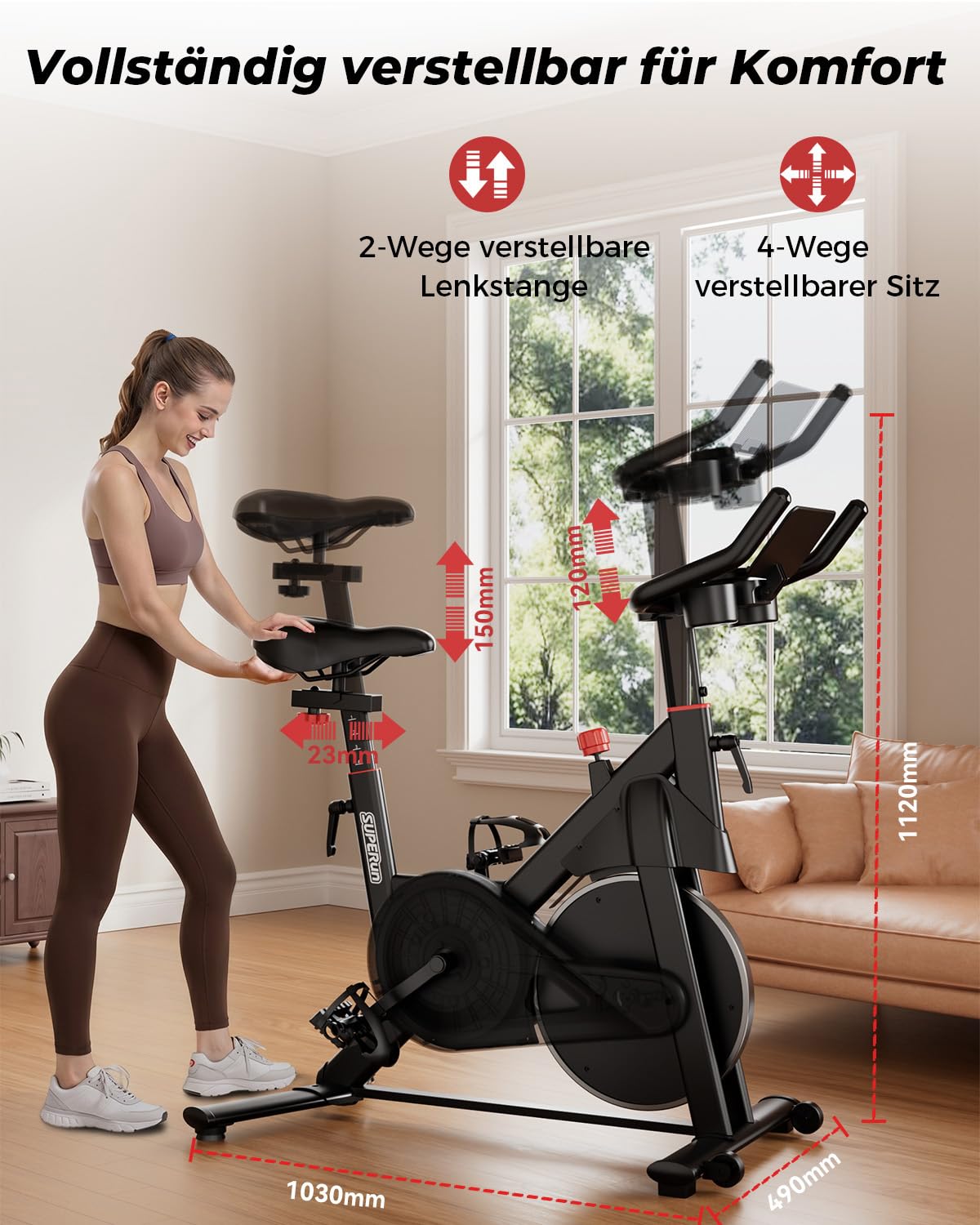 Heimtrainer Fahrrad mit APP, Superun Ergometer Spinning Bike Indoor mit Verstellbarem Widerstand, 15KG Schwungrad, Ultraleise für Kardio-Training zu Hause.Vor Ort erlebbar & reparierbar
