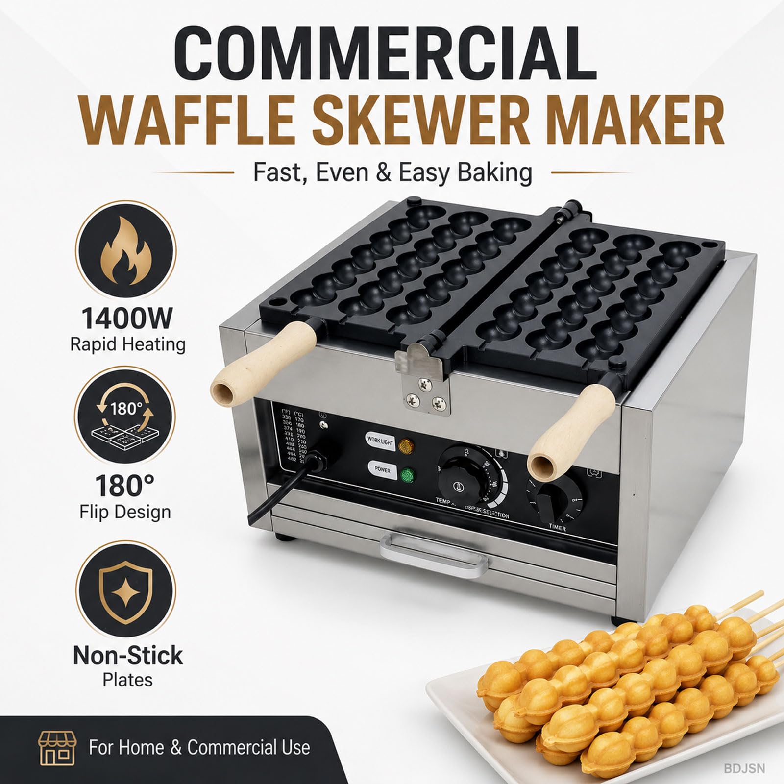 Macchina Professionale per Waffle A Spiedo, 1400w, Elettrica, con Design A Rotazione A 180°, Controllo della Temperatura da 50 A 300 °c, Timer da 0 A 5 Minuti, Piastre Antiaderenti per Bar,