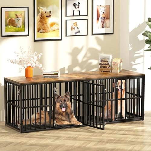 Mueble de jaula para perros para 2 perros, perrera de madera de 76 pulgadas con división, mueble doble XXL para razas grandes con 4 puertas, mesa