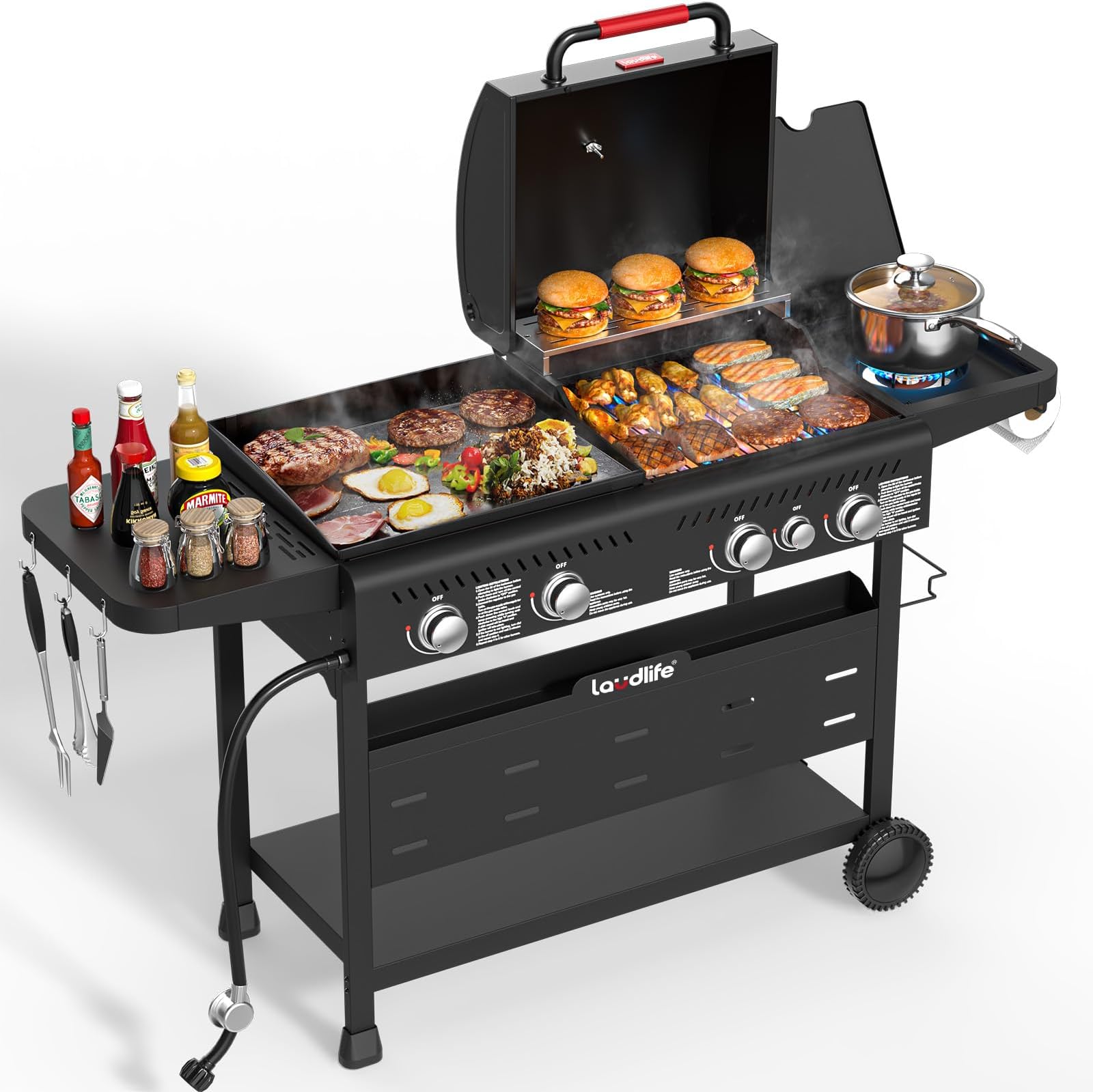 Griddle Grill Combo with Side Burner, 702 SQ.IN Cooking Space, 5 Burners Propane BBQ Grills of 50,000 BTU, Non-Stick Enamel Grate, Heavy-Duty Stand for Backyard BBQ & Outdoor Cooking