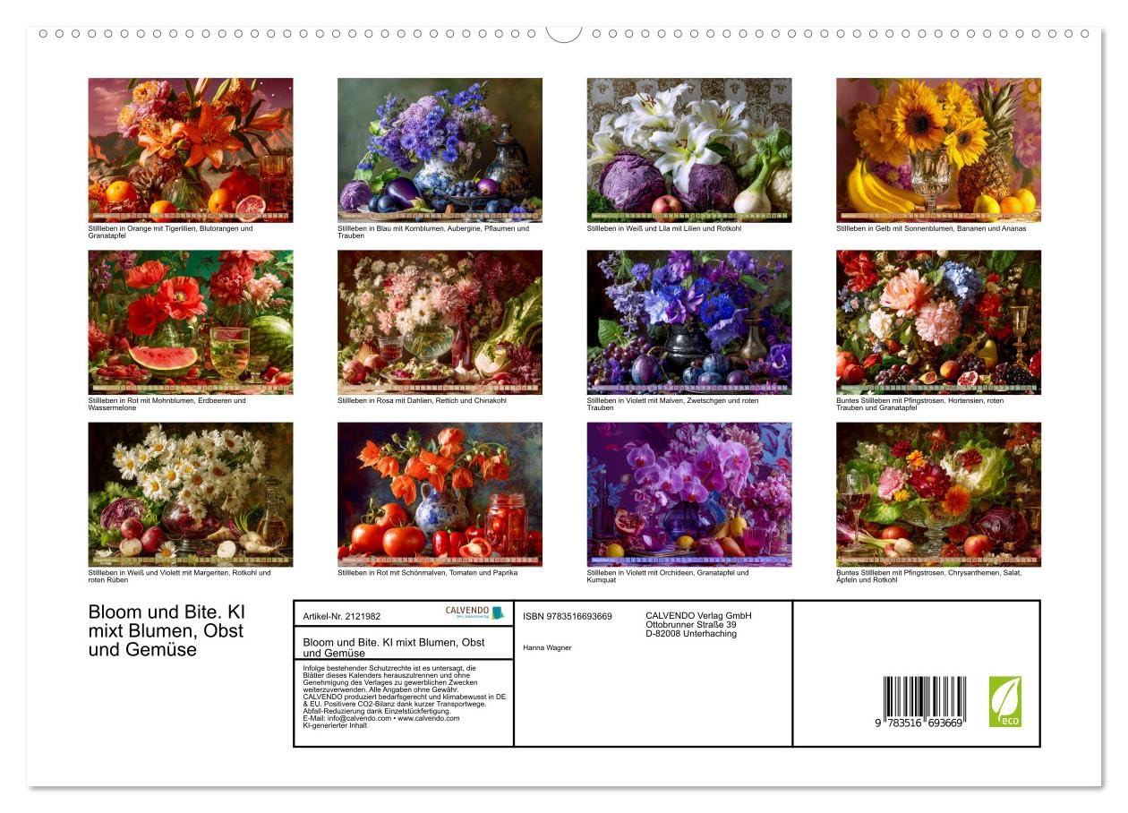 Bloom und Bite. KI mixt Blumen, Obst und Gemüse (hochwertiger Premium Wandkalender 2026 DIN A2 quer), Kunstdruck in Hochglanz: Künstliche Intelligenz ... und digitaler Kreativität. (CALVENDO Kunst)