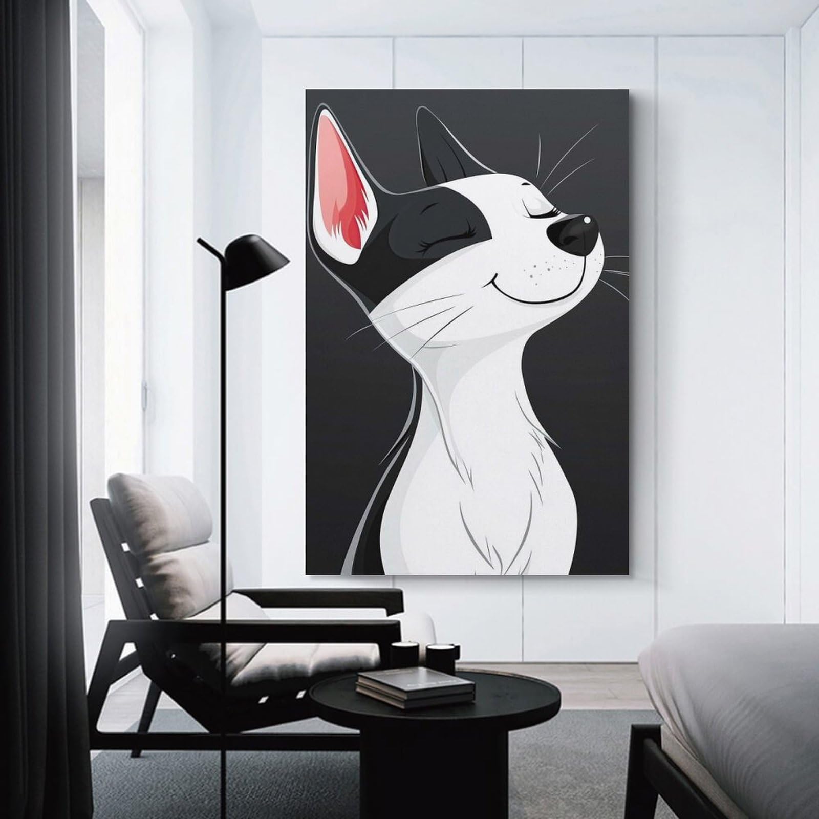 Junmoney Home Decor Wall Art Smiling Black And White Cat, 20x30inch(50x75cm), for Workspace Walls, Study Corners Or Bedrooms, A Smart Decor Choice for Study Walls