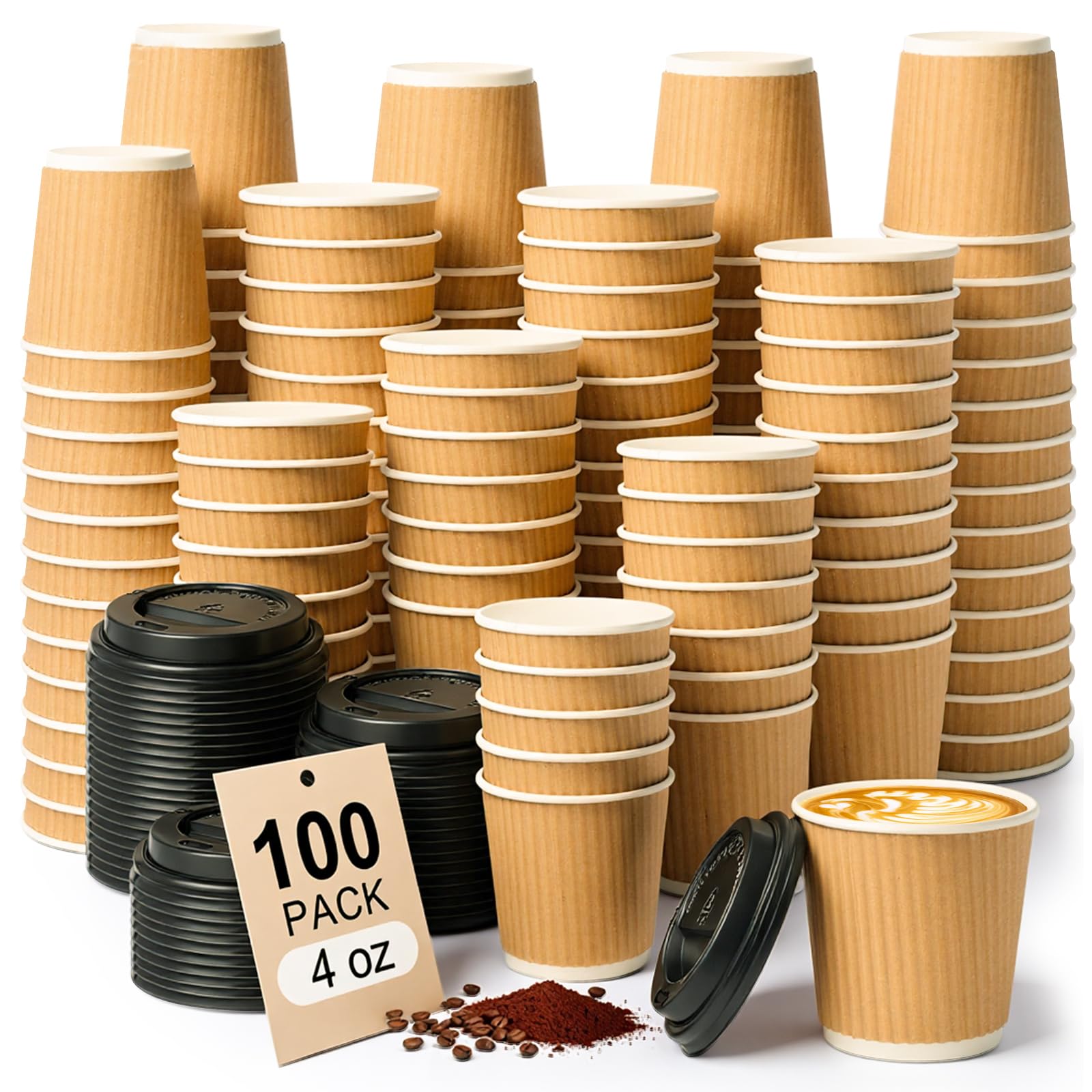 ALEXPRE 100 Pack Takeaway Coffee Cups with Lids,4oz Disposable Paper Coffee Cups,Brown Ripple Walled Cups for Takeaway Hot&Cold Drinks,Travel, Party, and Office Use