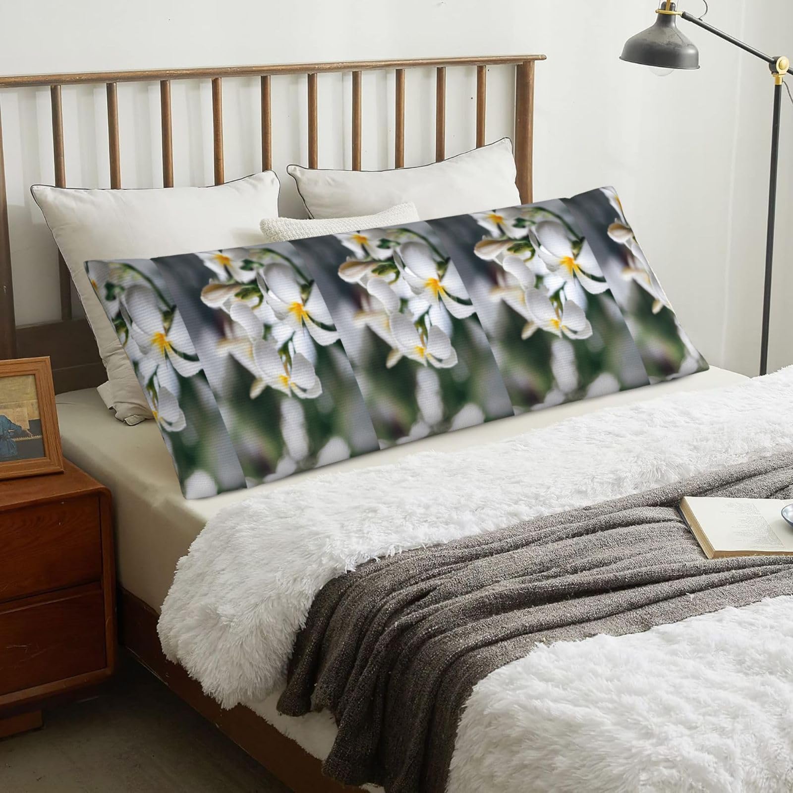 Beautiful White Frangipani Wake Plumeria Flowers, Body Pillow Cover with Zipper,Long Body Pillowcase 20 x 60 in