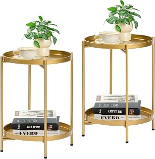 2-Tier Round End Side Table, Set of 2, Small Metal Side Table with Removable Tray, Folding Accent Tables for Living Room, Balcony, Nightstand for Bedroom, Outdo