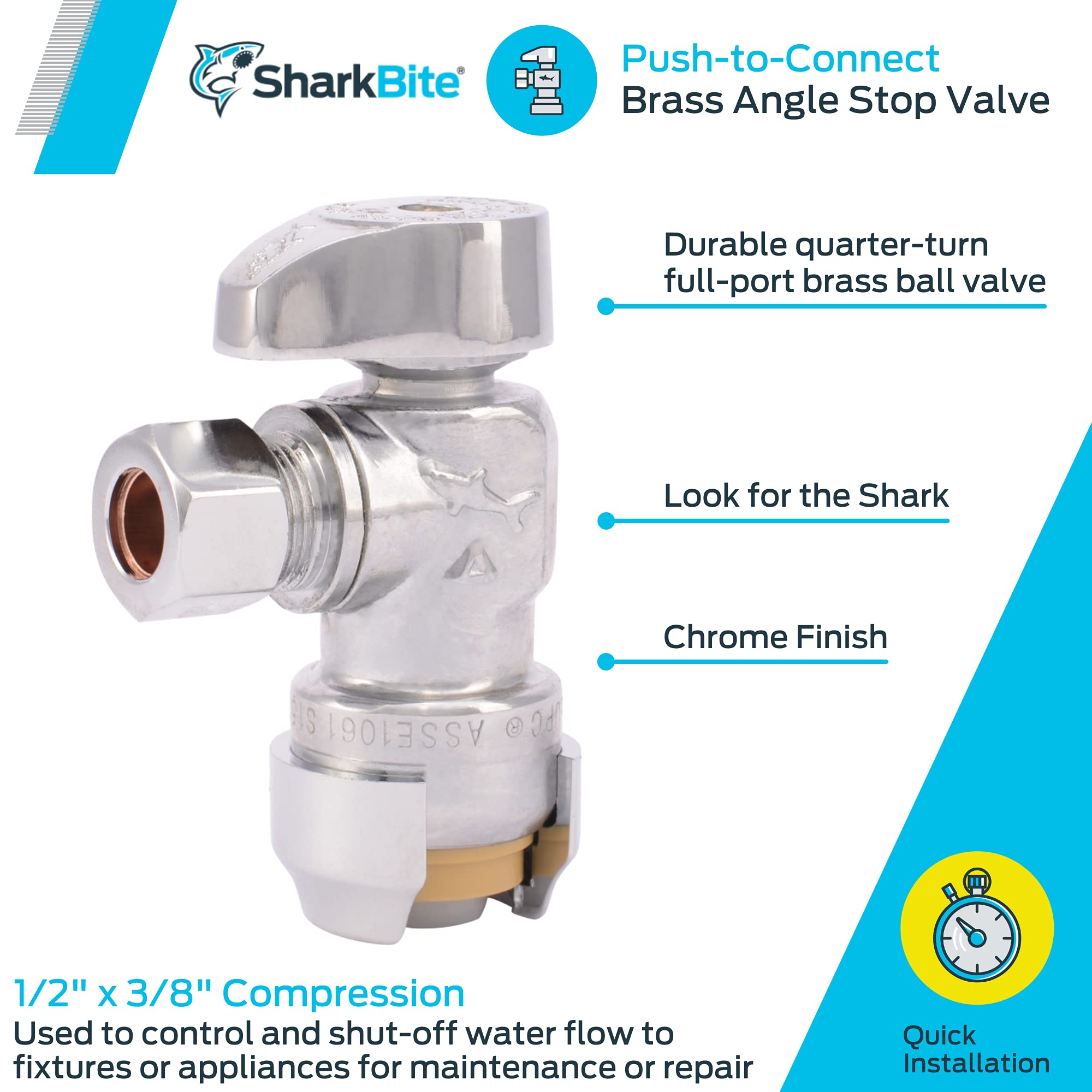 SharkBite 1/2 x 3/8 Inch Compression Angle Stop Valve, Quarter Turn
