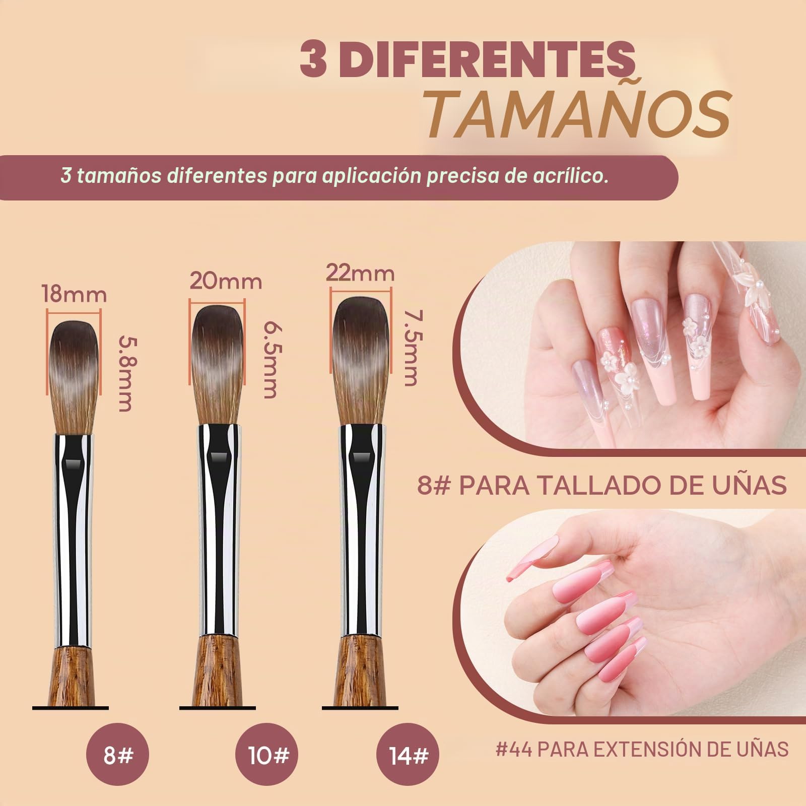 Aokitec Kolinsky Cepillo de uñas acrílico con limpiador de cepillos de metal - tamaño 8/12/14 cepillos de uñas para polvo acrílico, mango de madera cepillos acrílicos para uñas, extensión de uñas