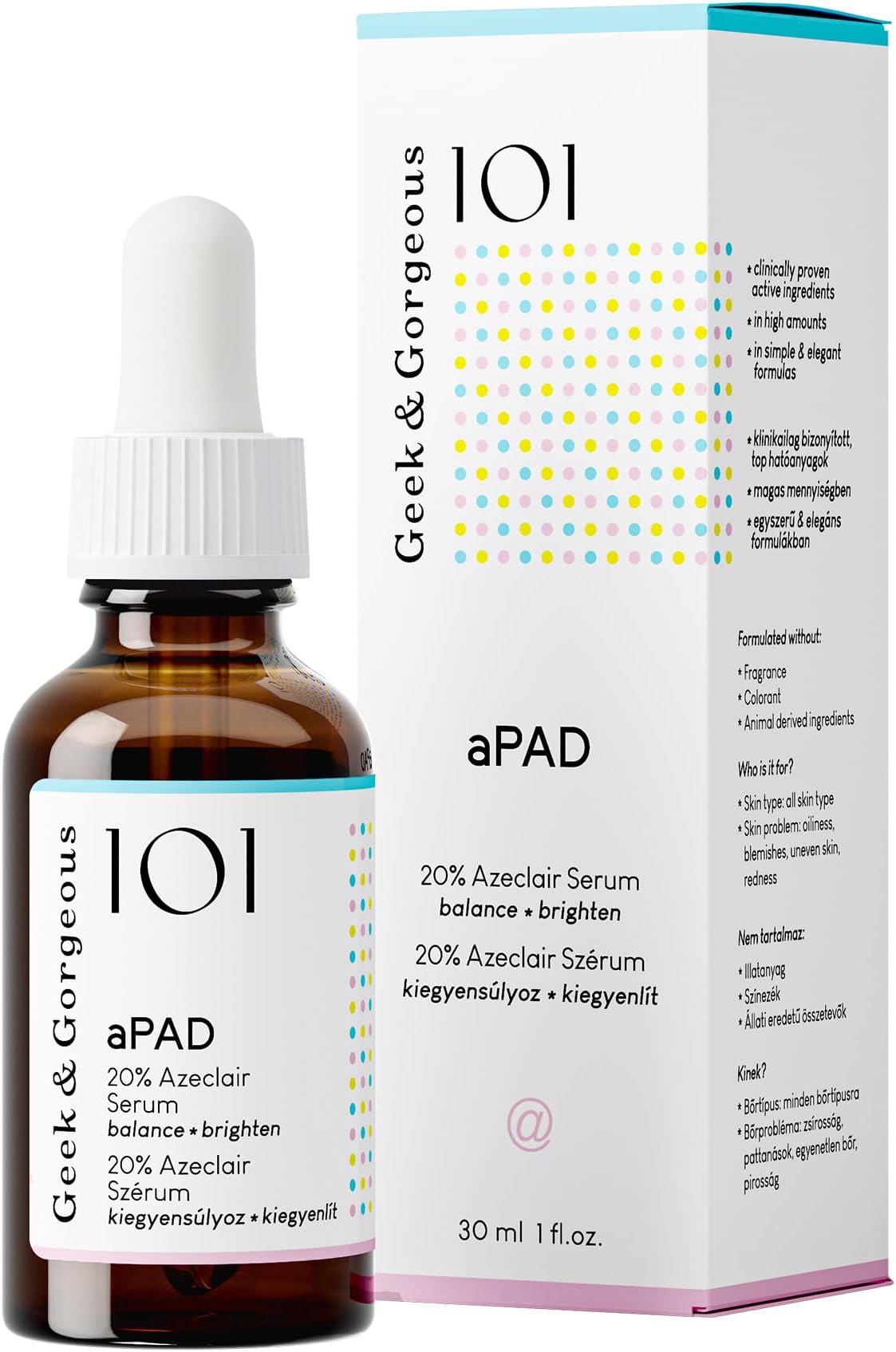 Geek & Gorgeous 101 aPAD - 20% Azelaic Derivative Serum, evens skin tone, normalizes oil production & calms skin - all skin types including sensitive, 30ml