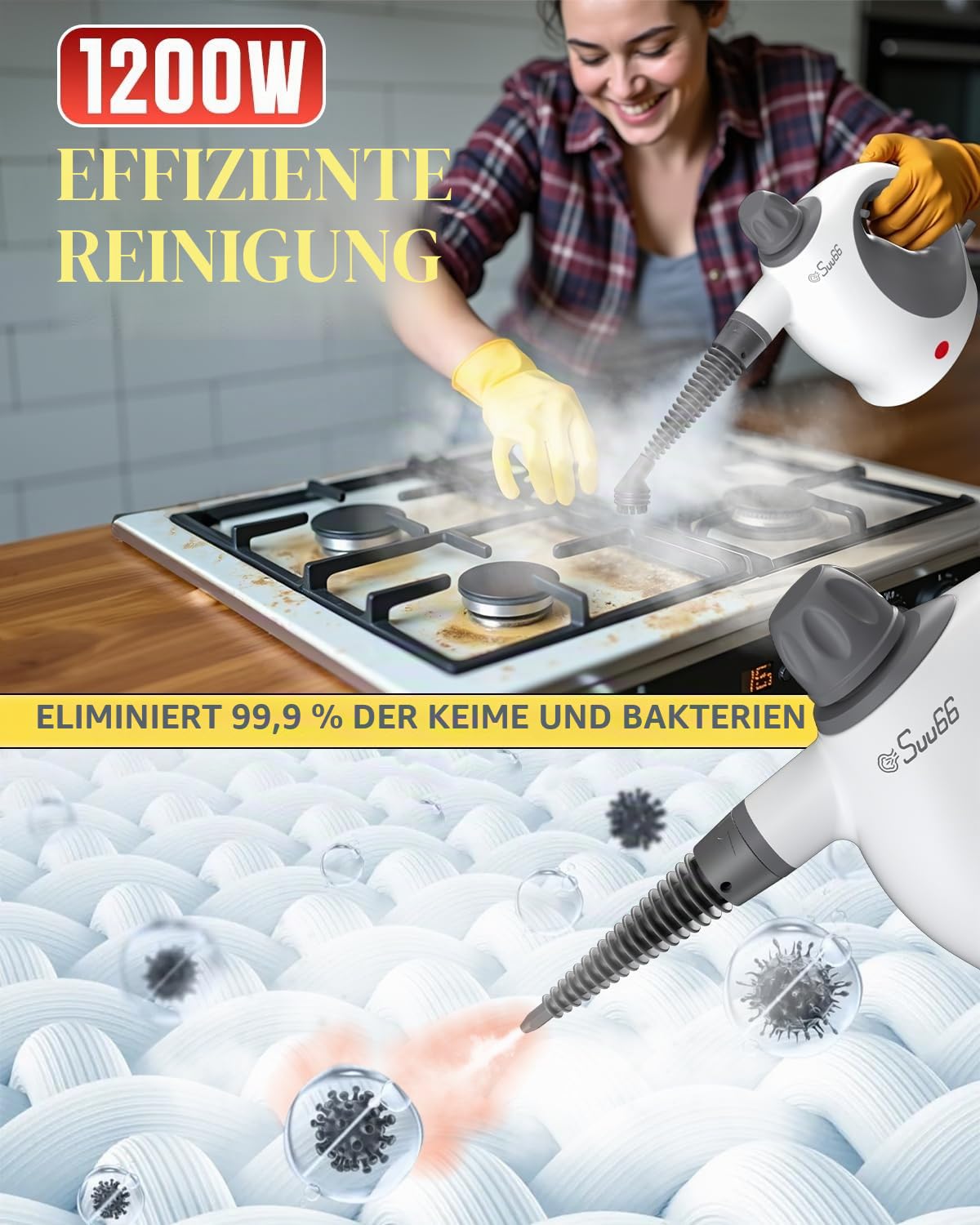 Handdampfreiniger mit Sicherheitsverriegelung, 500 ml großer Tank und 19-teiligem Zubehör – Tiefenreinigung für Küche, Bad, Auto, Sofa – entfernt hartnäckigen Schmutz, desinfiziert Oberflächen (weiß)