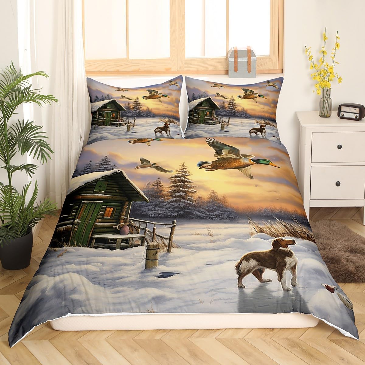 Feelyou Duck Hunting Duvet Cover Dog Hunter Bedding Set for Kids Boys Girls Flying Duck Comforter Cover Wildlife Bedspread Cover 1 Duvet Cover with 2 Pillowcases Queen Size (No Comforter)