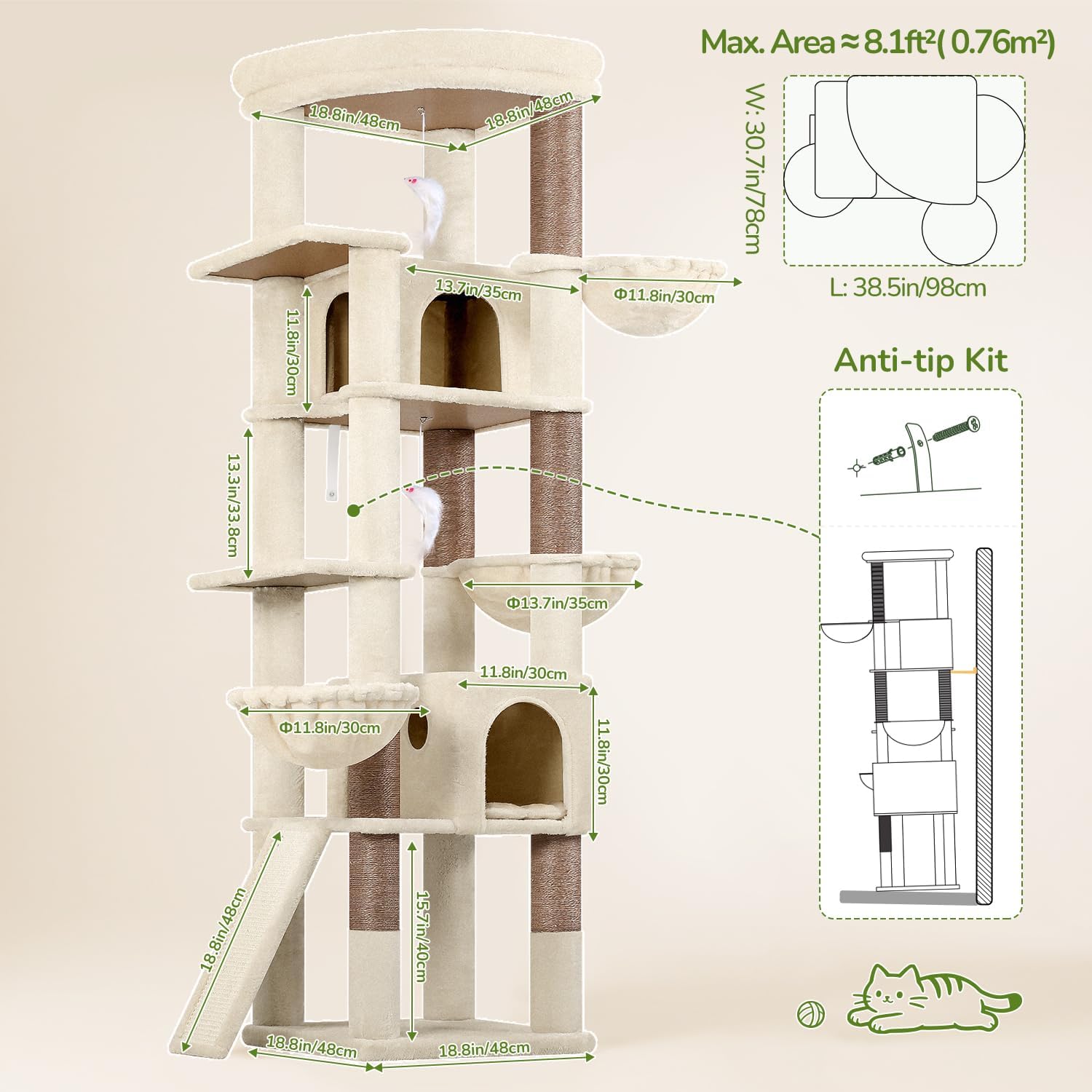 Globlazer Extra Large Cat Tree, 78 inch Sturdy Tall Cat Tree Tower for Indoor Multiple Large Adult Cats Kittens with 6 Scratching Posts, Enlarged Top Perch, 2 Padded Condos, S78G, Beige