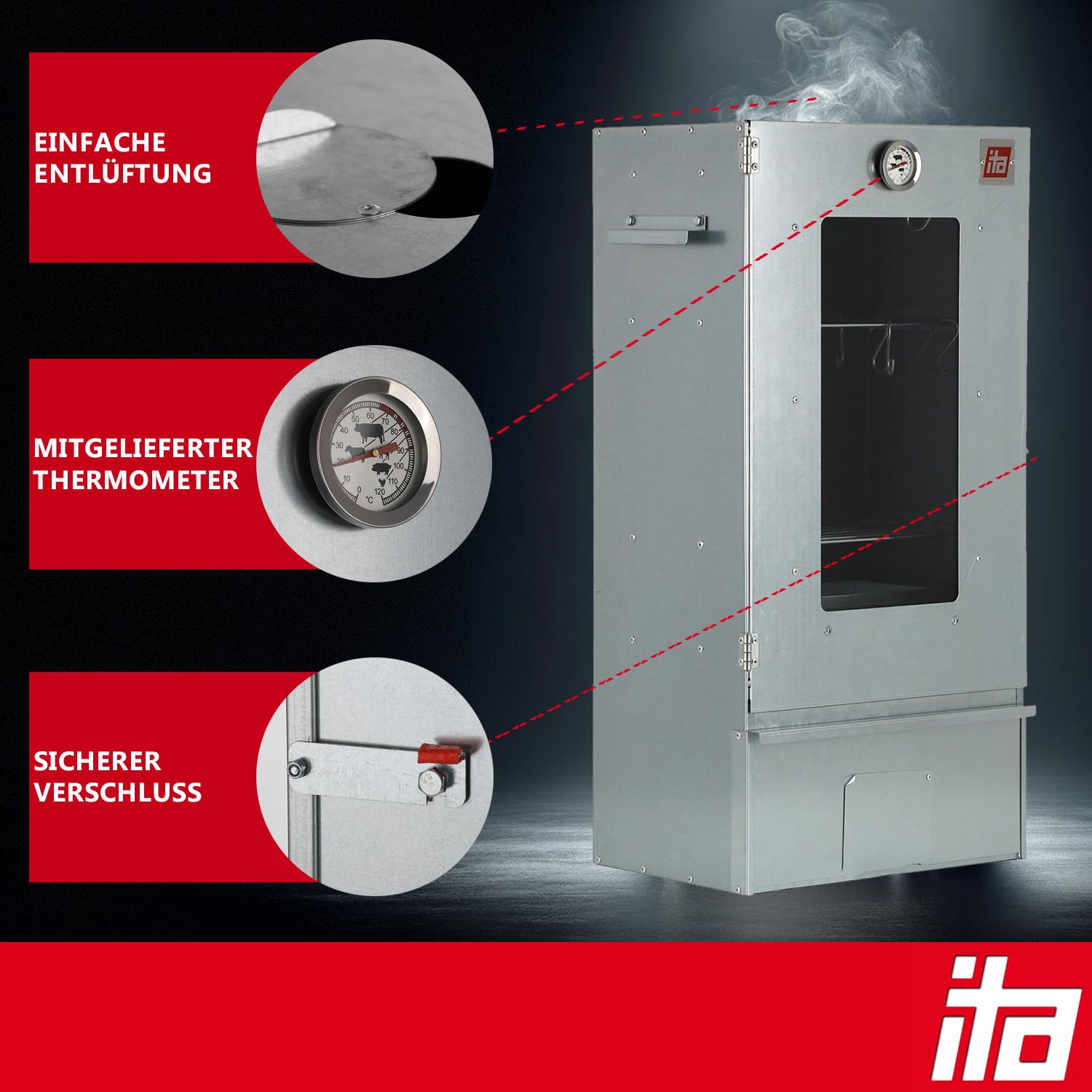 ITA Elektrischer Räucherofen 7002 - Smoker Set mit Heizung, Tisch - Räucherschrank mit Fenster & Thermometer - Edelstahl - EU Qualität, Direkt vom Hersteller - 81 cm mit 3 Etagen