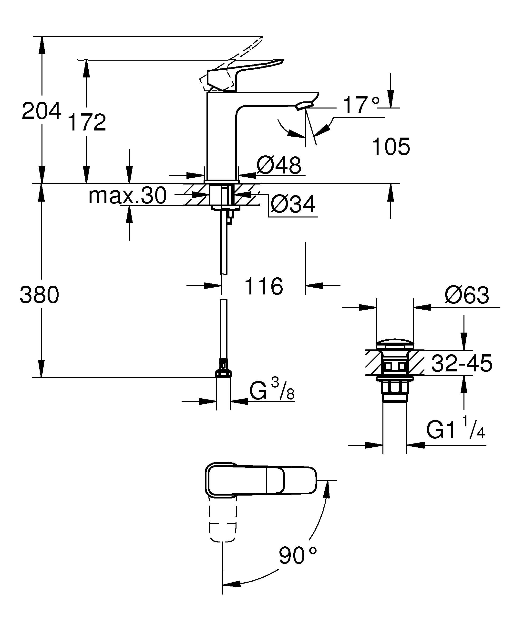 GROHE Dice, energiesparende Waschtischarmatur, Kaltwasser in Mittelstellung (Wasserhahn für das Bad, 17cm hoch, mit Push-Open Ablauf, inkl. 3in1 Werkzeug, einfache Installation), chrom, 1018360000