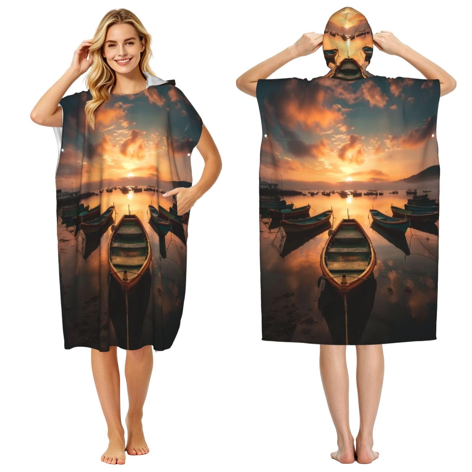 DTHKJNLSF Fishing Boat Adult Hooded Beach Poncho Towel