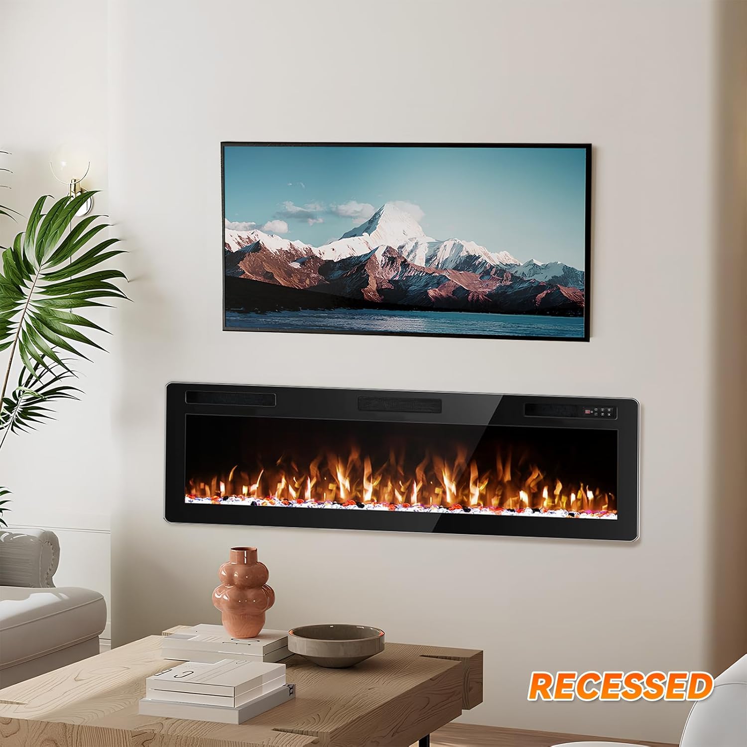 60 Inch Electric Fireplace, Ultra-Thin Wall Mounted Fireplace Insert Recessed and Wall Fireplace Electric with Remote Control, Adjustable Multi-Flame Color & 8H Timer, Low Noise, 750/1500W