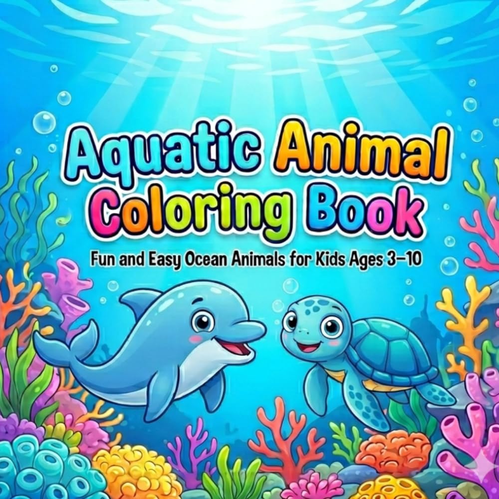 Aquatic Animal Coloring Book: Easy Fun Pages Featuring Dolphins Sharks Turtles Octopus Whales Fish Ages 3–10
