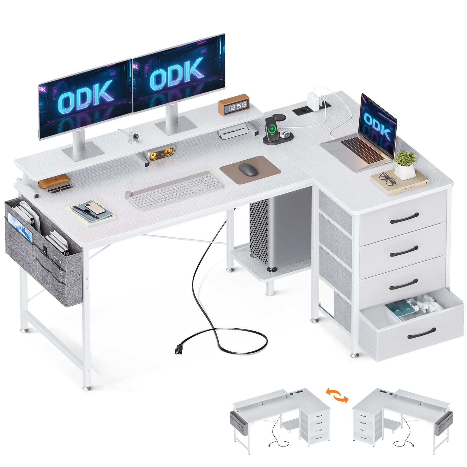 ODK Escritorio Esquinero con 4 Cajones, Escritorio en L Reversible con 2 Puertos de Carga USB y 2 Enchufes, Mesa en L con Estante para Monitor para Oficina en Casa (Blanca, 140x80x84.7cm)