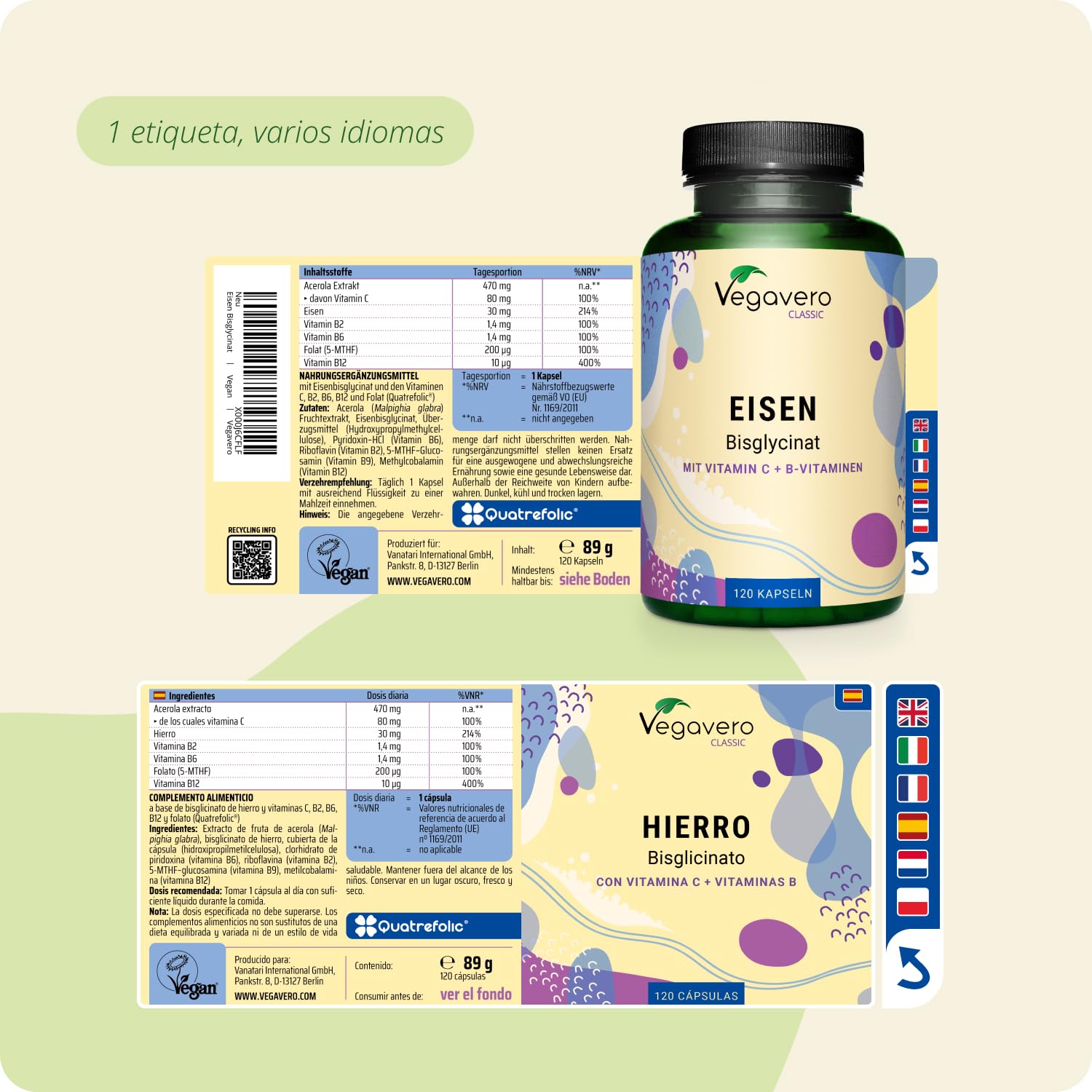 Hierro Suplemento Vegavero® | Vegano | Vitamina C, B12 y Ácido Fólico | Anemia + Energía + Cansancio | Bisglicinato de Hierro | 120 Cápsulas