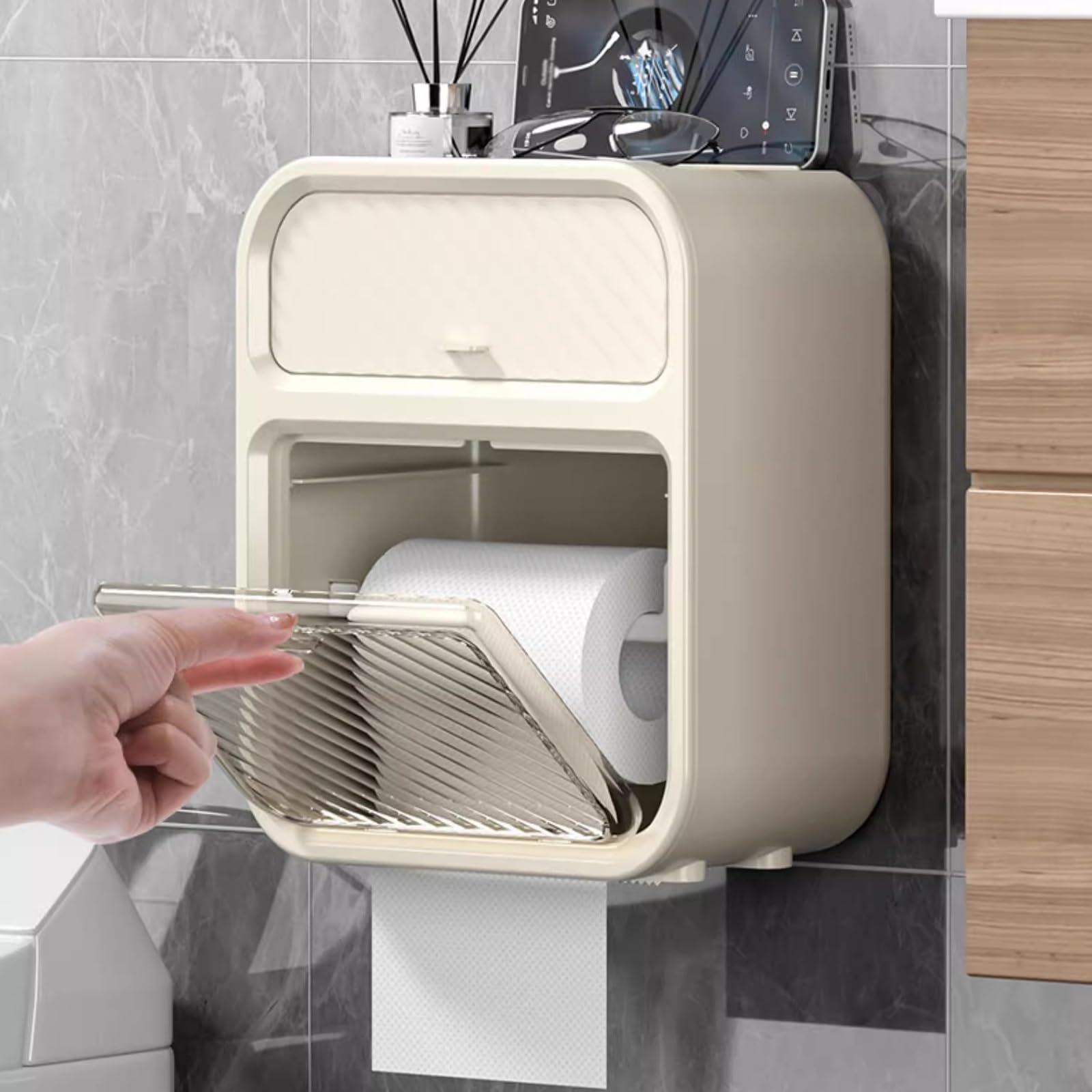 LYGSWDB Pudełko na papier toaletowy z szufladą, uchwyt na papier toaletowy montowany na ścianie, samoprzylepny stojak na papier toaletowy. Pudełko na chusteczki