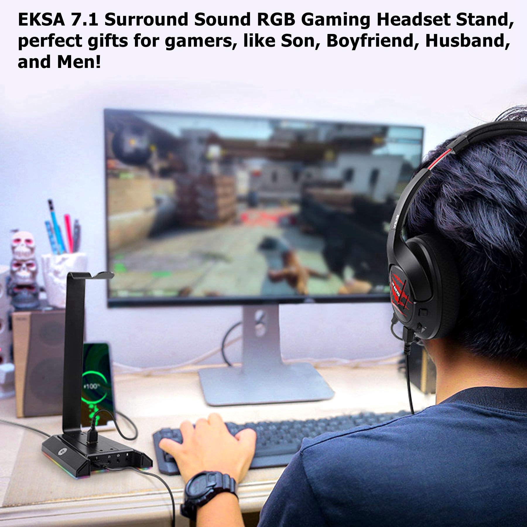 EKSA Porta Cuffie Gaming Accessori RGB, Supporto Cuffie Gaming con Caricatore USB Audio Surround 7.1 e porta da 3,5 mm Adatta, Stand Cuffie Reggi Cuffie da Scrivania PC Gamer, Accessori Gaming
