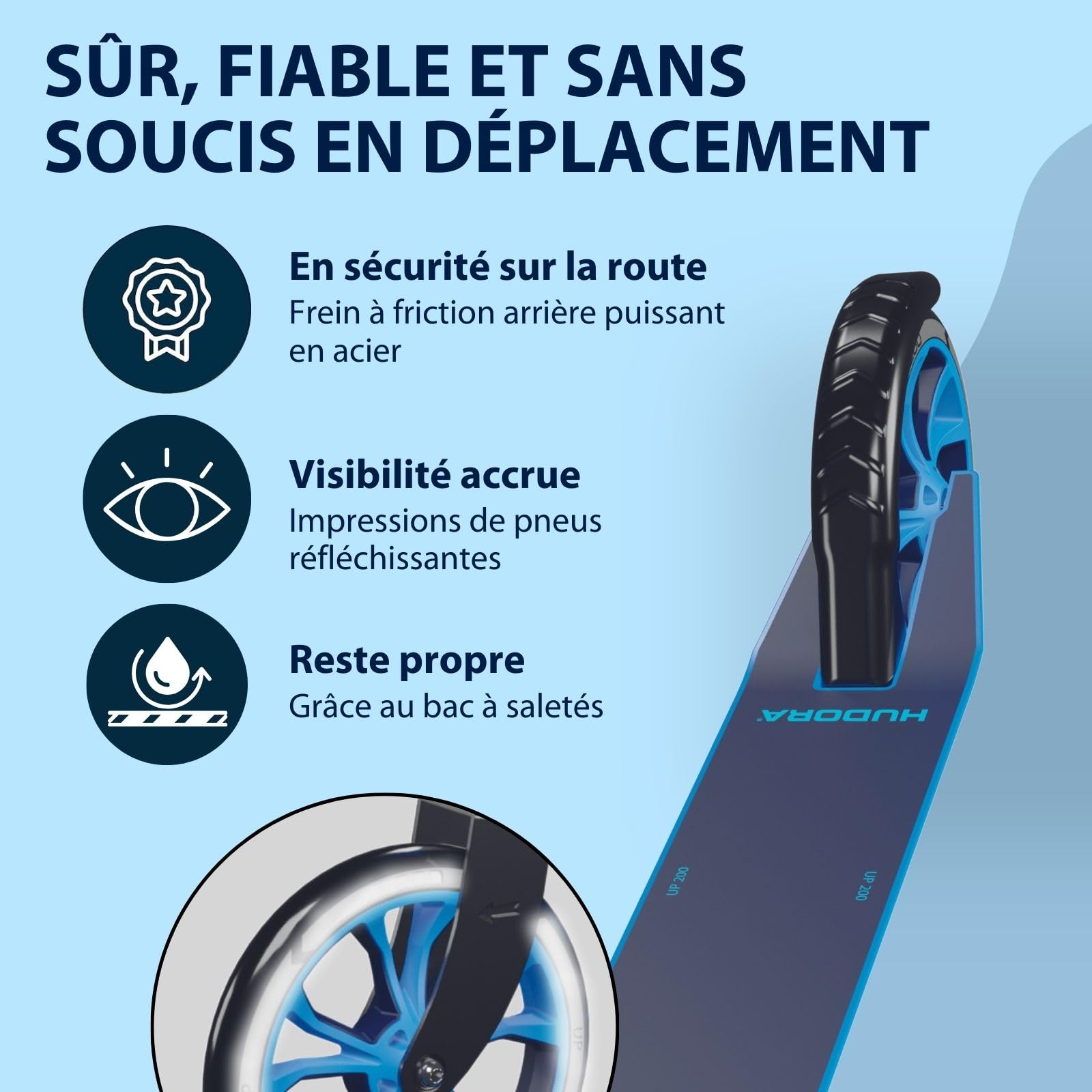 HUDORA Scooter Up 200 - Trottinette Confortable et silencieuse en Aluminium pour jusqu'à 100kg - Réglable en Hauteur & Pliable - Trottinette sans à-Coup pour Enfants/Adolescents & Adultes