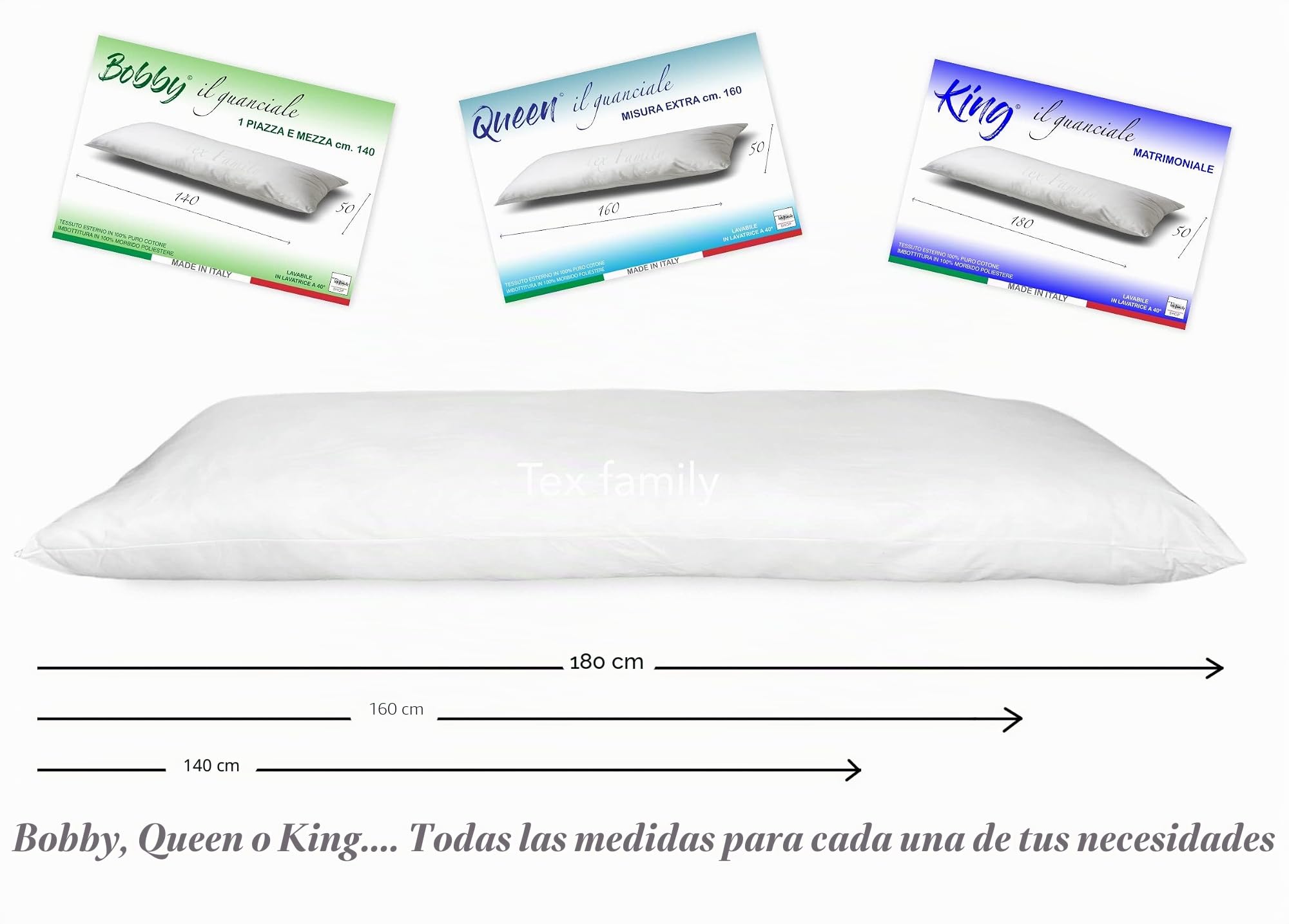 Tex family Almohada Bobby Cojín Cama 1 Plaza y Media Largo 140 cm Medida Blanco 50 X 140 cm