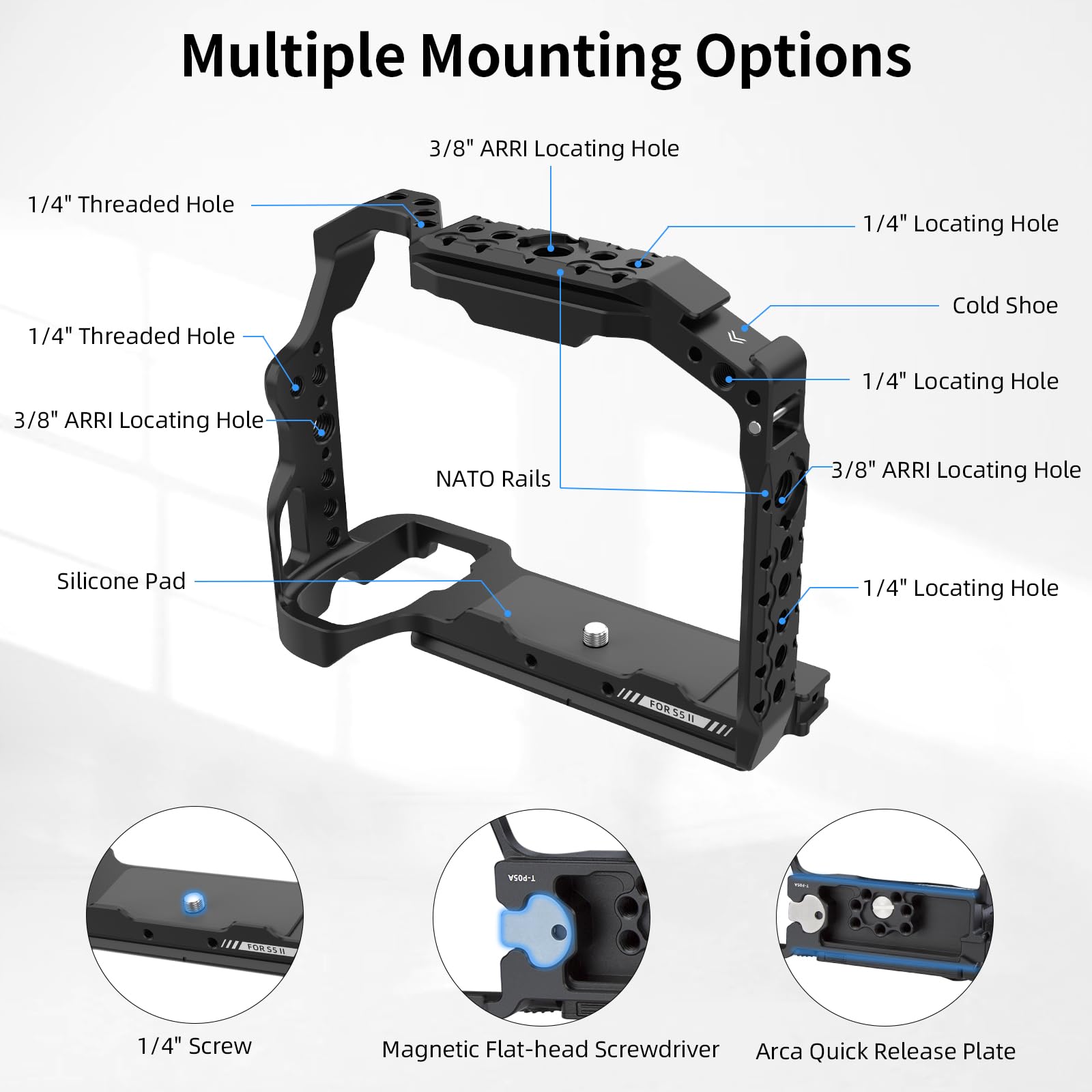 Nitze Cage pour Panasonic LUMIX S5 II/ S5 II X Caméra, avec NATO Rails Supérieurs et Latéraux Intégrés, Cold Shoe et Plaque de Dégagement Rapide Arca Swiss - T-P05A
