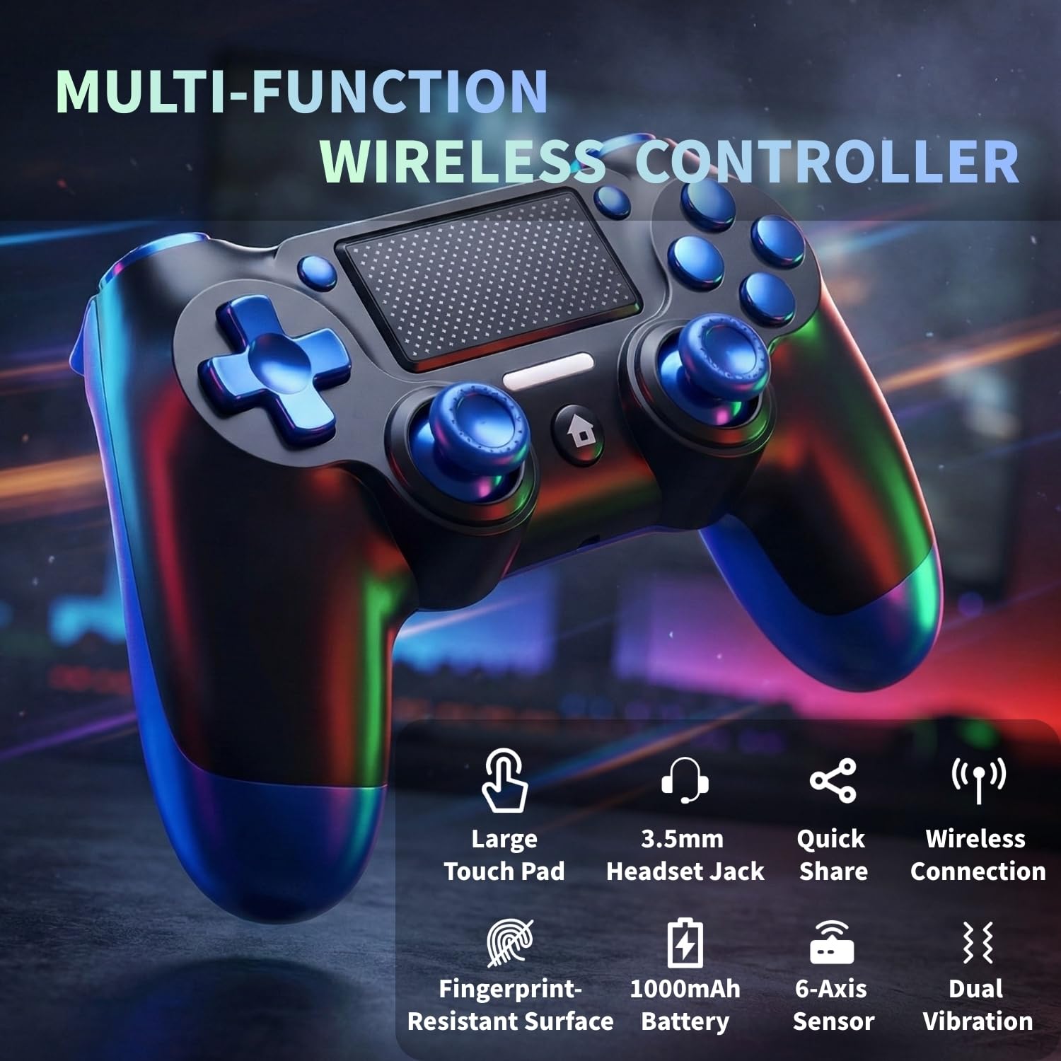 BJXOZ Wireless Controller for PS4, Gamepad for PS4/Slim/Pro/PC, with Hyper-Sensitive 360° Sticks, Vibration, Six-axis Gyroscope Sensor, Touchpad, Headphone Jack, Screenshot, Speaker — view 5