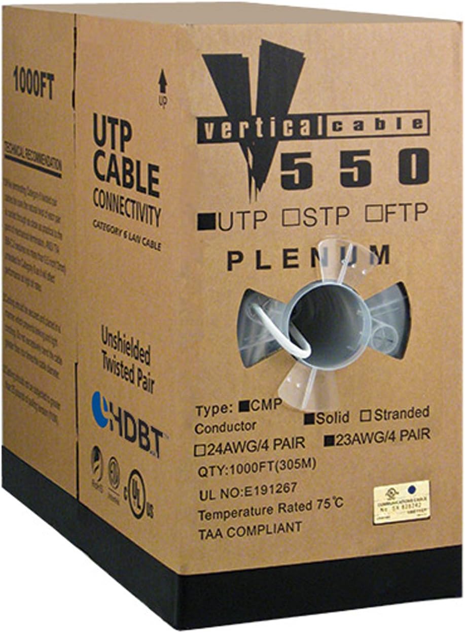 Cat6, UTP, 23AWG, 8C Solid Bare Copper, Plenum, 1000ft, White, Bulk Ethernet Cable
