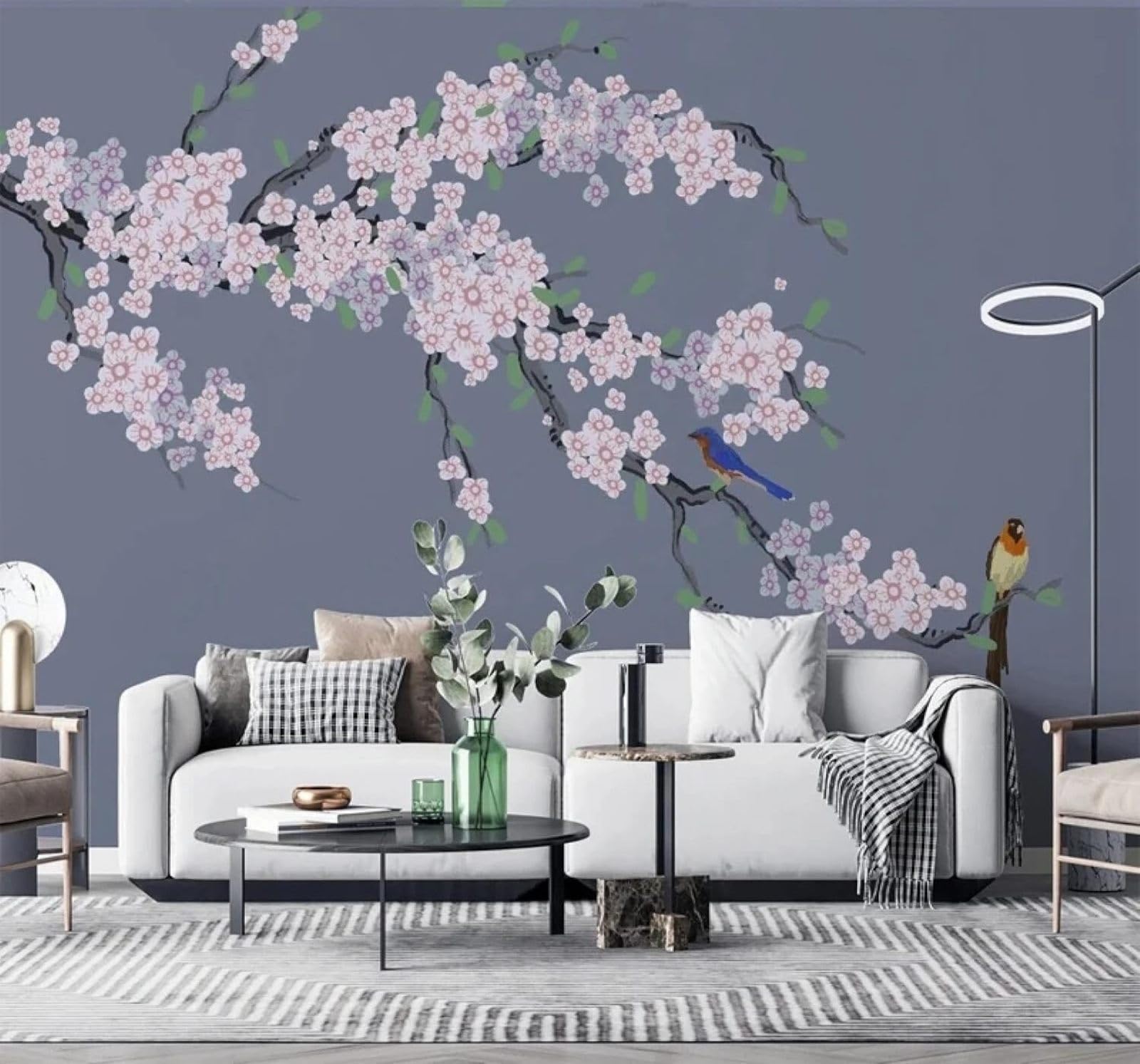 XLMING Beautiful Elegant Hand Drawn Plum Blossoms Birds 3D Wallpaper Silky Texture Home Study Office Grey Dining Room Sofa Bedroom Living Room TV Backdrop-350cm×256cm