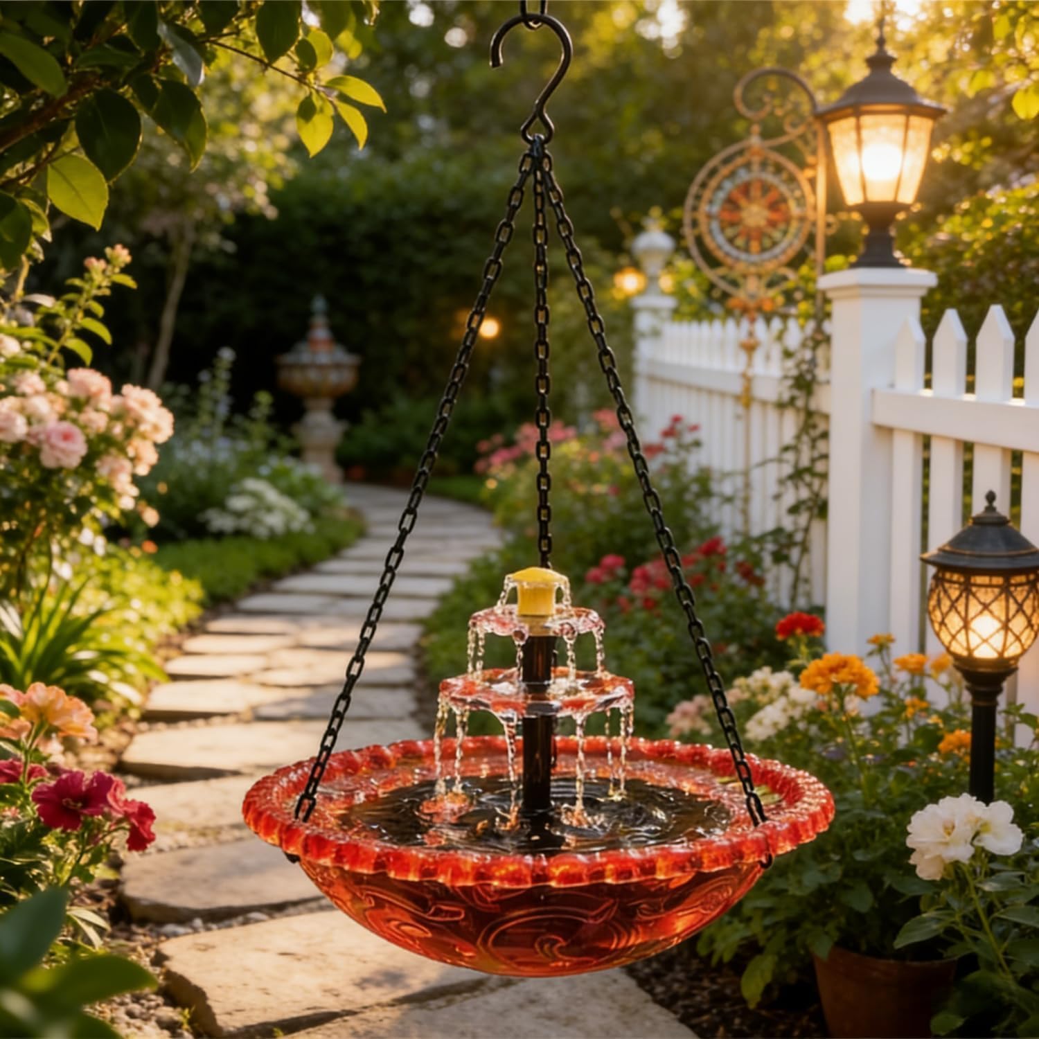 2026 Solar Cascade Hanging Bird Bath Fountain, 3 Layers Outdoor Water Feature for Hummingbirds, 9.3" Glass Basin with Solar Powered Pump, Attract Wild Birds to Garden, Patio (Pink)