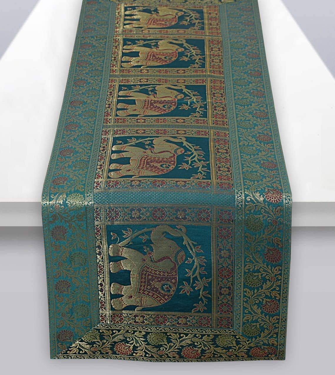 Indian Rectangle Hand Art Elephant Banarsi Silk Table Runner 60 x 16 Inch Color Table Cloth (Green)