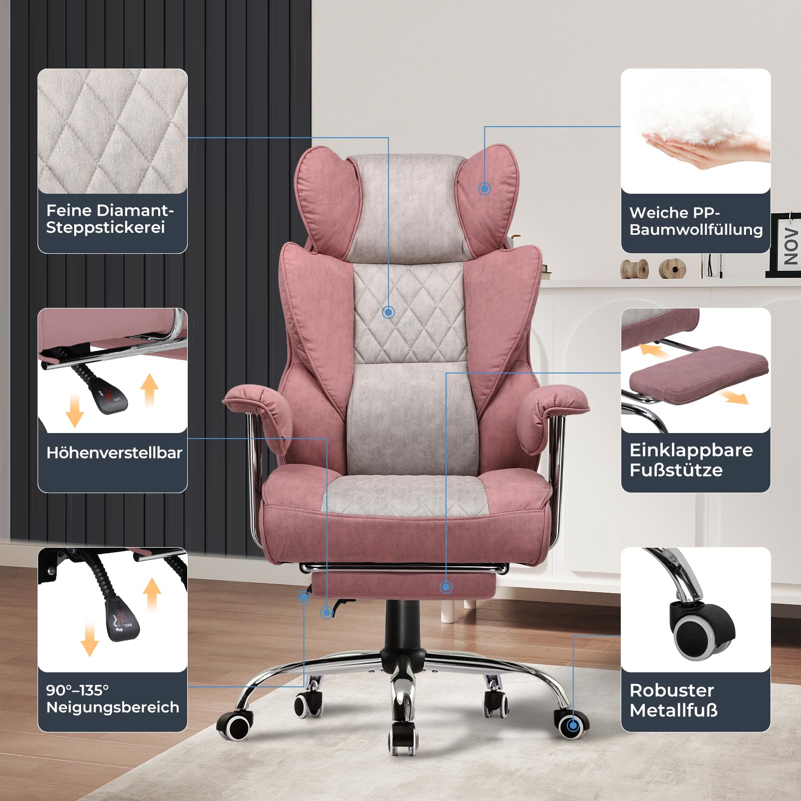 GTPLAYER Sedia da gioco, sedia da ufficio con supporto lombare a molla tascabile, ergonomica e confortevole, ampia poltrona da ufficio con braccioli morbidi e poggiapiedi fissati verso l'esterno, rosa