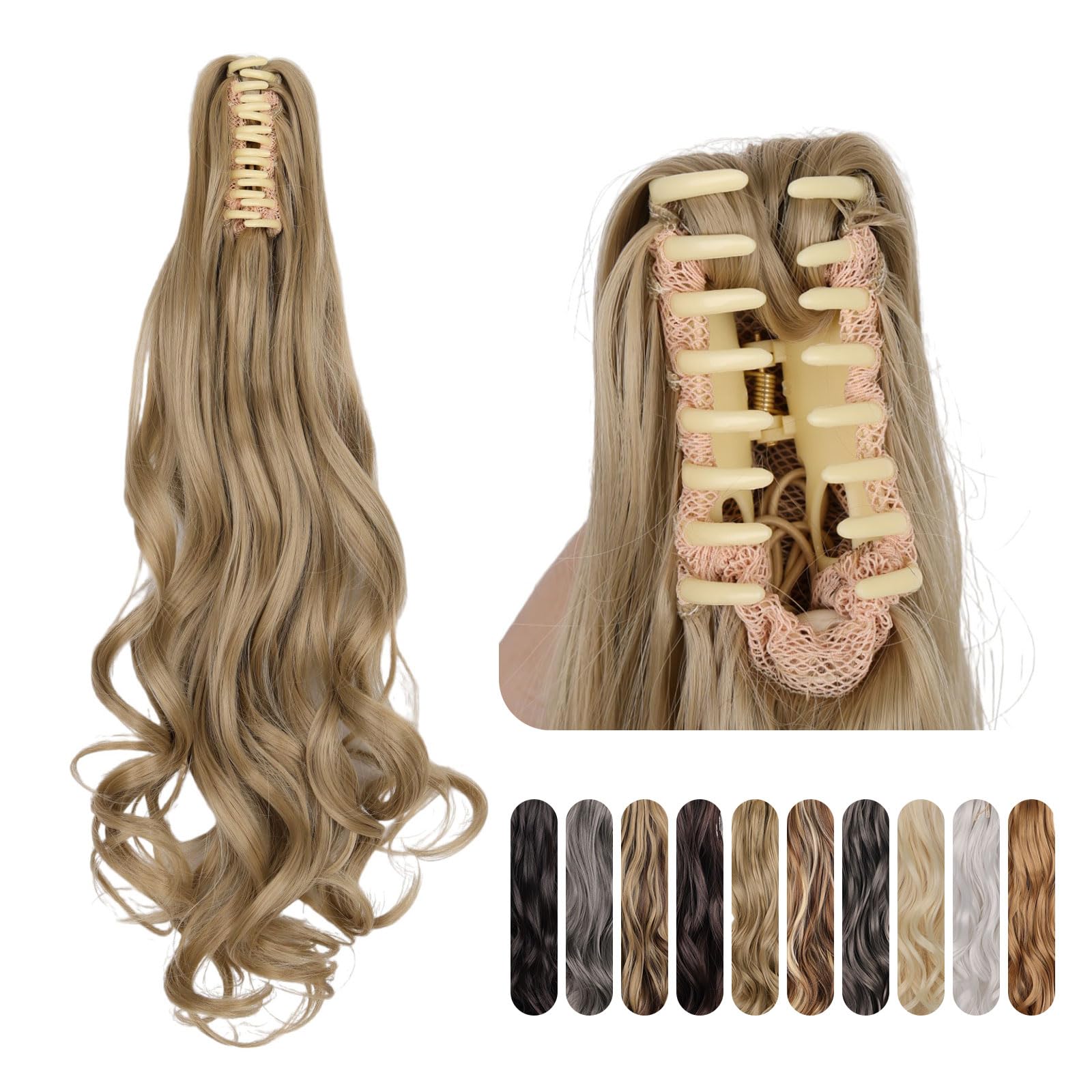 Brown Ponytail Extension for Women, Claw Clip in Fake Hair Ponytail, Wavy, 24 inch
