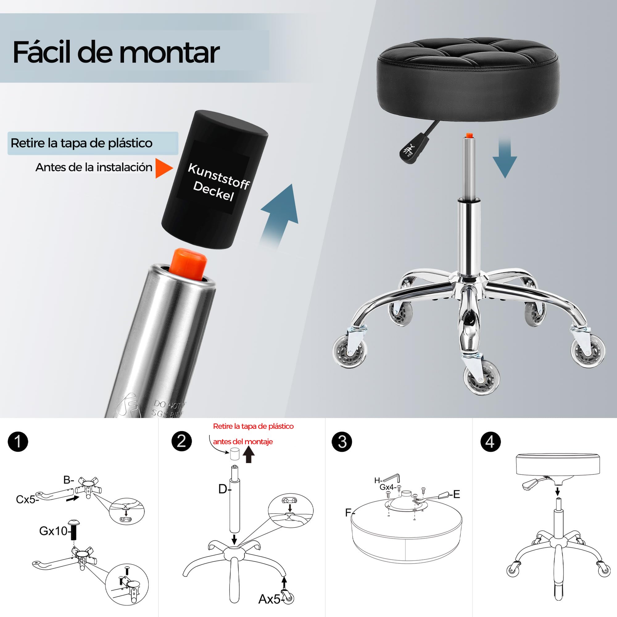 BEWISHOME Taburete con Ruedas, Ajustable giratoria de 360°, Silla de Piel sintética Resistente para Asiento Grueso,Peso de 200 kg, para salón de Belleza, SPA, clínica(Negro)