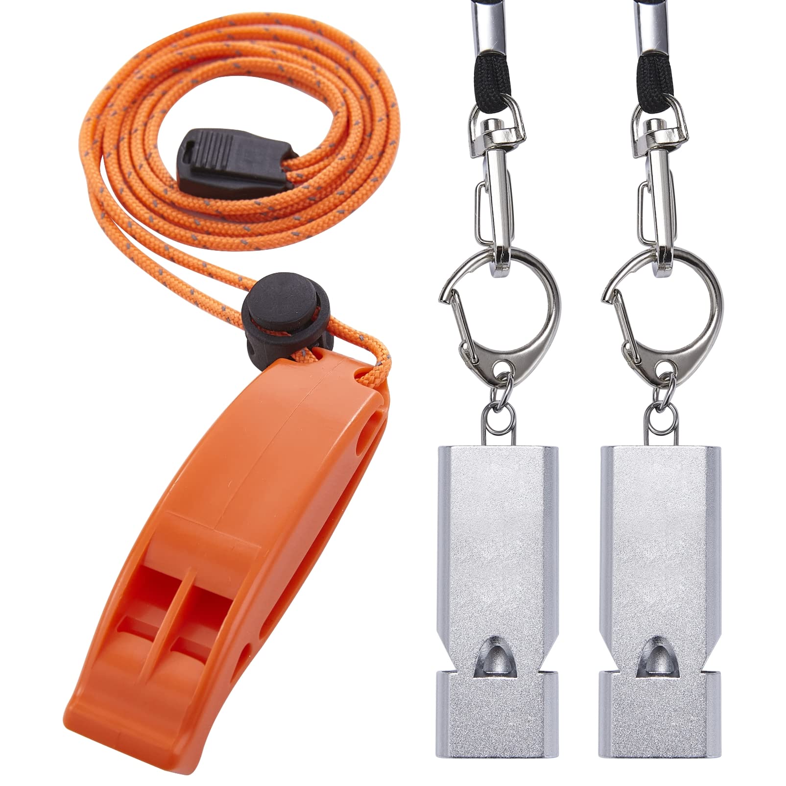 Silbatos de emergencia con cordón, tres tubos, silbatos de seguridad, paquete de 2 y 1 paquete de silbato de supervivencia de plástico para kayak, senderismo, camping, barco, al aire libre