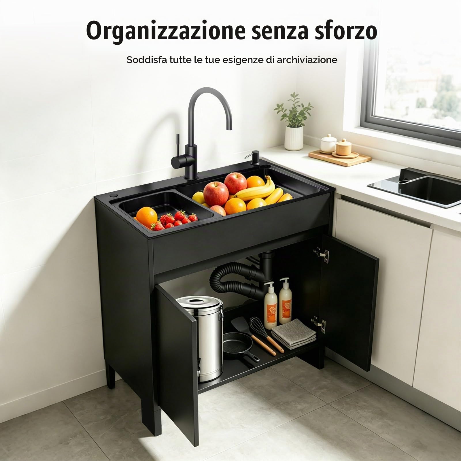Mobile Lavatoio Moderno, Armadio Impermeabile in Alluminio a Nido d'Ape con Lavello Nero Nano Inox, Lavatoio da Esterno/Interno con Rubinetto a Collo di Cigno, Bianco/Grigio