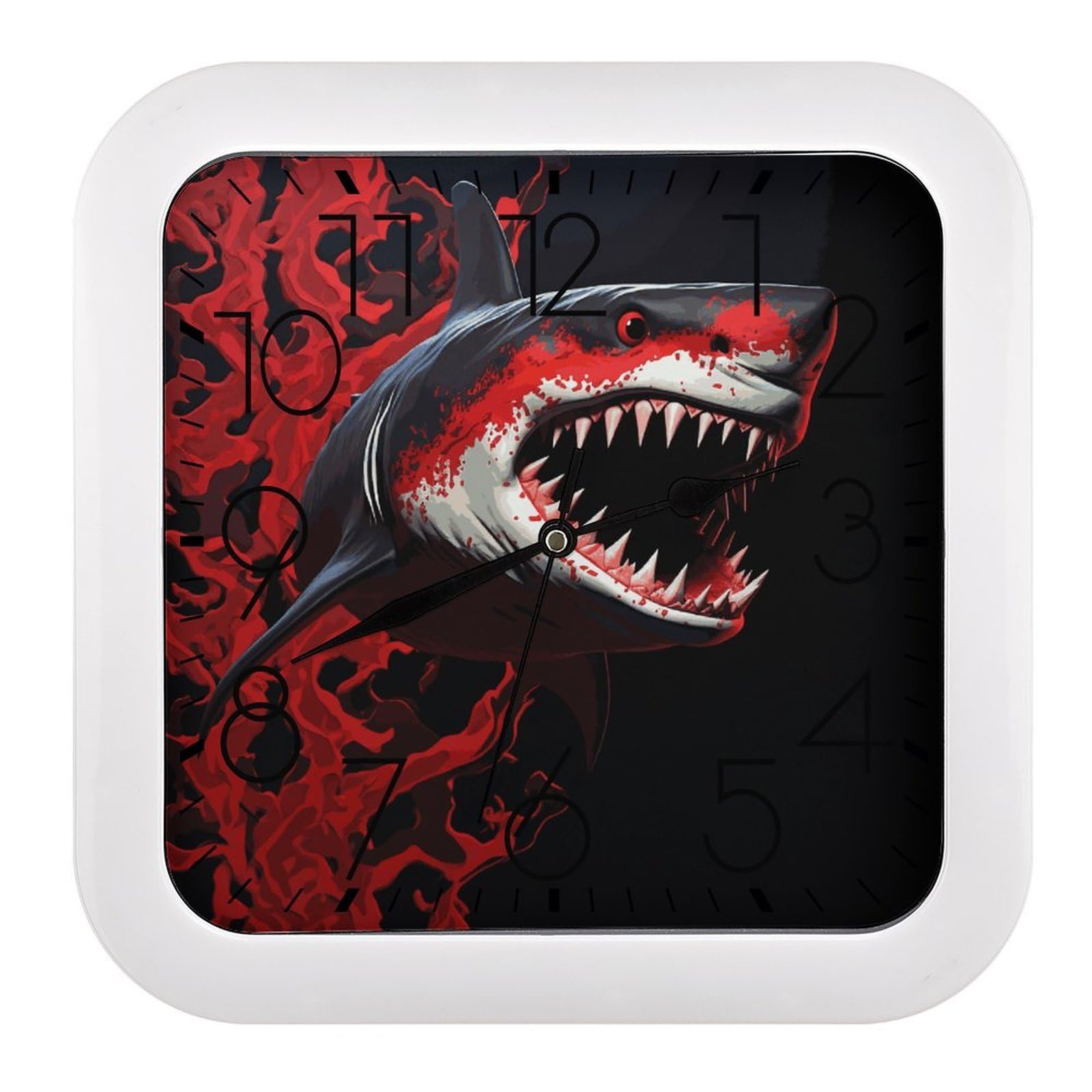 LDGSUPH Red-Black Shark Wall Clock Silent Non-Ticking Modern Clock Personalized Vintage Square Clocks for Travel Office Kitchen Home Decorative Clocks 10.2 Inch