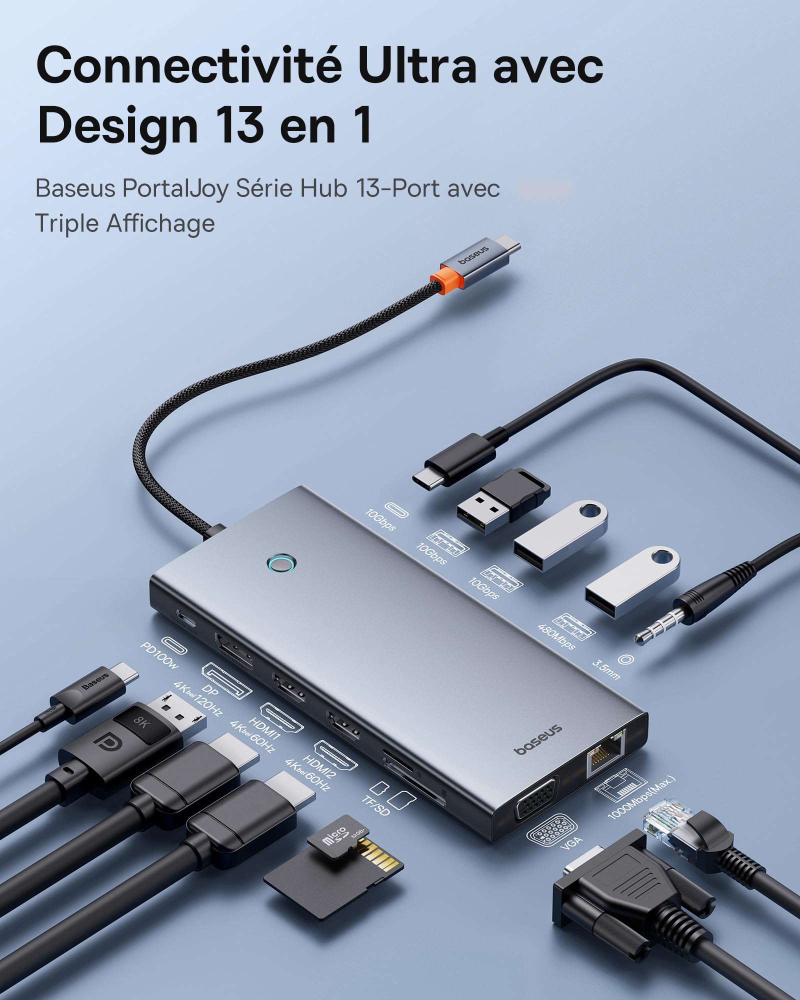 Station d'accueil USB C Hub, Baseus 13-in-1 Station d'accueil 2 HDMI 4K@60Hz, DisplayPort, VGA, Transfert de données 10Gbps, PD 100W et Ethernet pour Ordinateur Portable Dell/HP/Lenovo/Surface