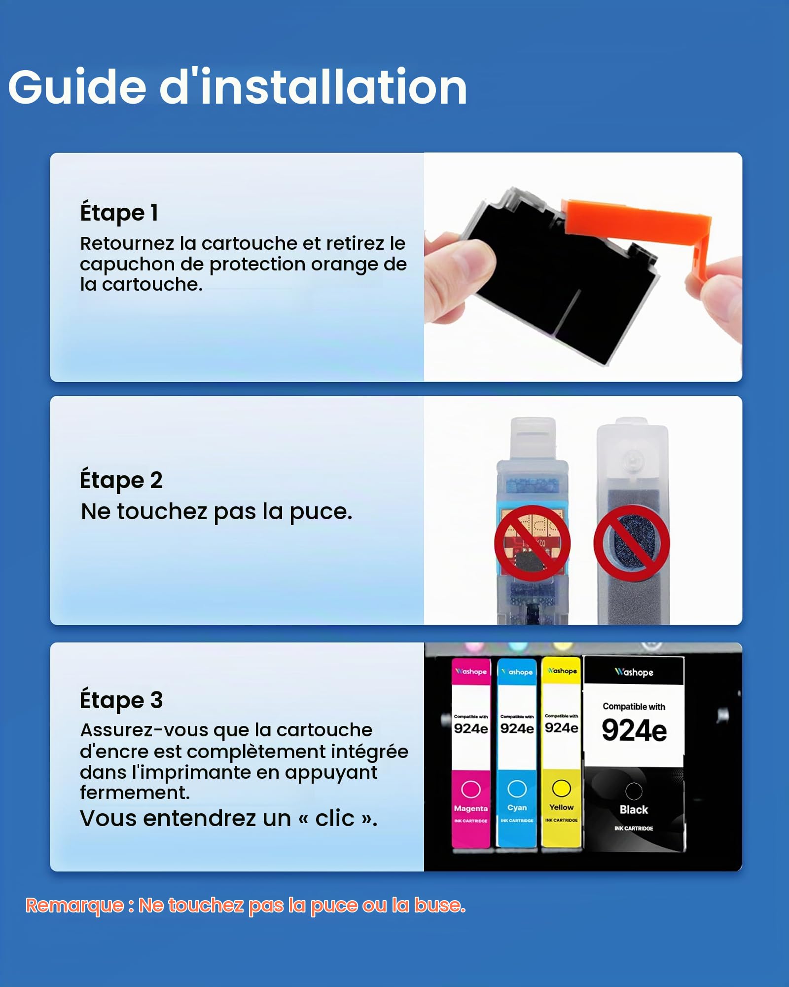 Cartouche Encre 924XL avec Puce pour HP 924 Pack de 4 Cartouches pour 8122e