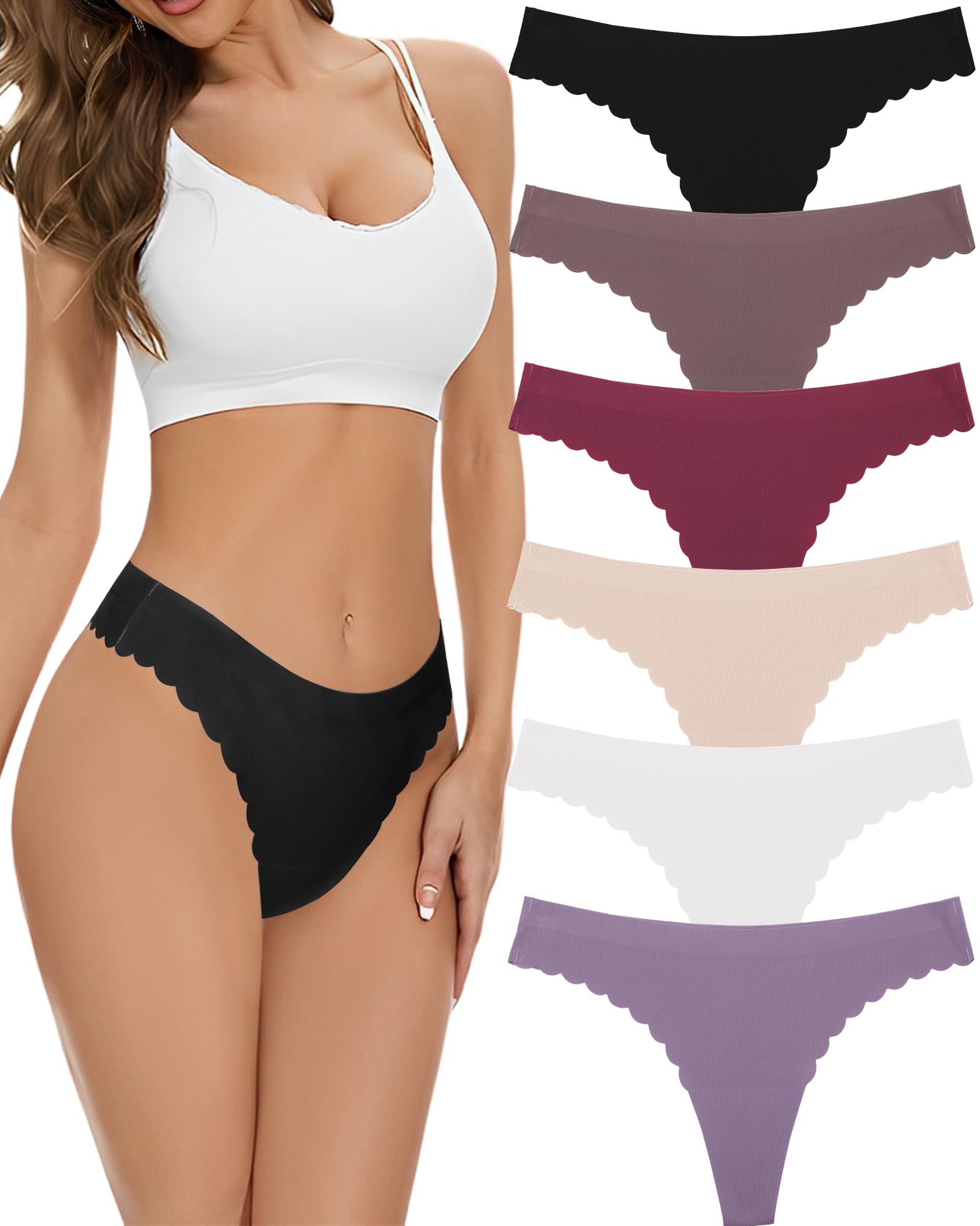 FINETOO 6 Pack Seamless Thongs for Women No Show Wavy Edge Side Women's Thong panties Ladies Underwear Sexy S-XL