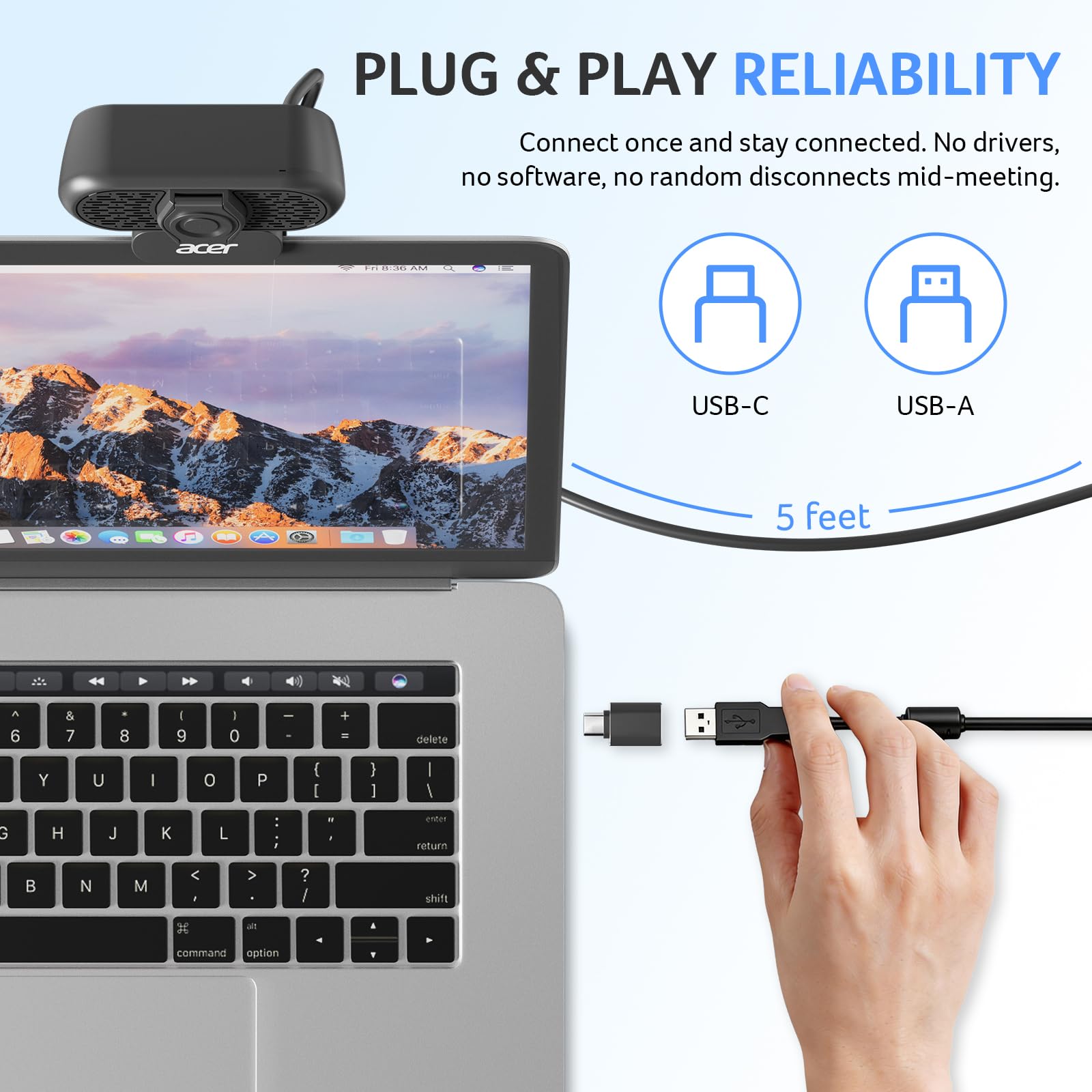 Acer A640 Webcam 4K per PC con sensore Sony PDAF Autofocus AI Noise Canceling Mic 2K 1080P/60fps Adattatore USB A a C Fotocamera per Gaming Streaming Riunioni Switch 2 Camera Team Zoom FaceTime
