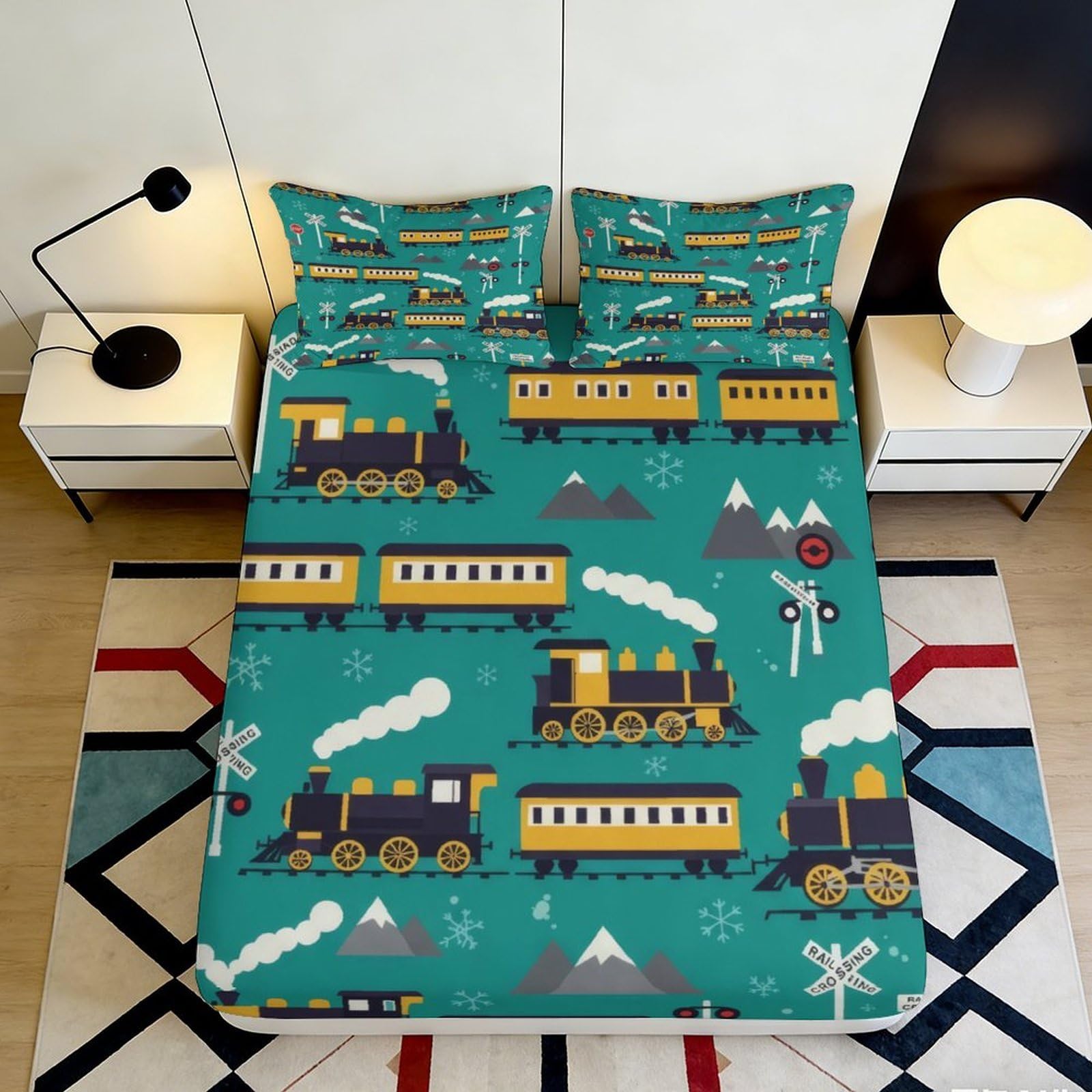 Pnayamiorkfel Style-10 3D Printed Vintage Train Fitted Sheet Microfiber Teal Steam Railway Bed Cover For Bedroom Guest Room Decor Protection 90X200x25cm