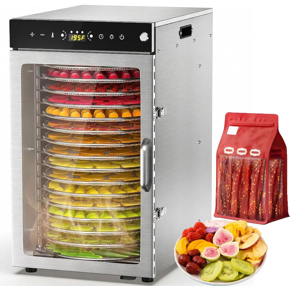 Rotante a 360°essiccatore alimentare(16 vassoi extra-large) Doppia ventola da 1600W,Timer digitale 24 ore,Controllo della temperatura 86℉-190℉,Essiccatore per carne secca,frutta,erbe aromatiche