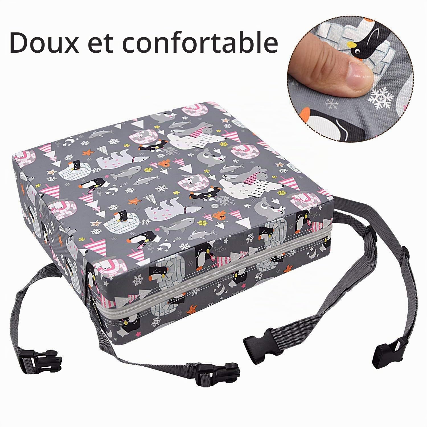 Rehausseur Chaise Enfant Coussin, en Toile de Coton Lavable avec 2 Sangles, Boucle de Sécurité, Motif de Dessin Animé Pour Enfant (Gris Bears) 111