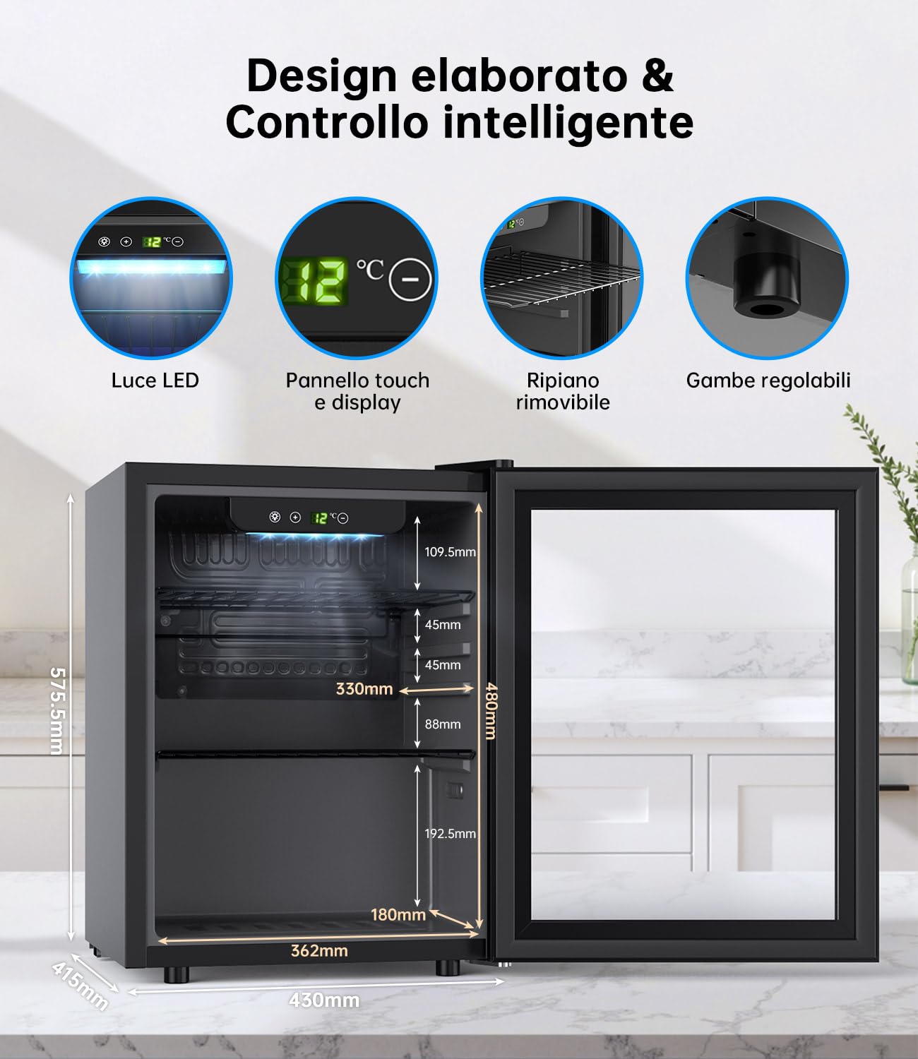 WIE Mini Frigo, Frigorifero Piccolo 48L, Frigo Vetrina con Porta in Vetro, Capacità 68 Lattine, Temperatura Regolabile, Illuminazione LED, Silenzioso - Per Casa, Ufficio, Bar