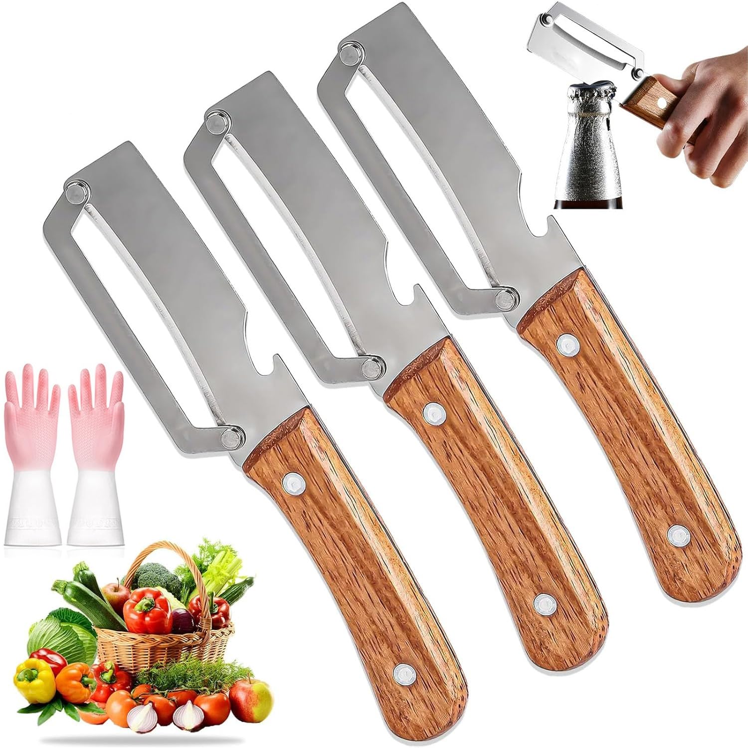 3PCS Zero Snag Wooden Peeler, Zero Snag Wooden Kitchen Tool, Peeler with Bottle Opener, 2-in-1 Multi-Functional Vegetable Peeler for Kitchen, for Fruit Veggie, Includes Bottle Opener