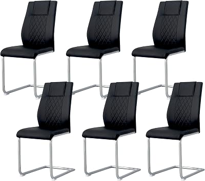 Dining Chairs Set, Kitchen Room Chairs, Modern Metal Chairs with Faux Leather Padded Seat High Back and Sturdy Chrome Legs, Chairs for Kitchen, Living Room Black, Set of 6